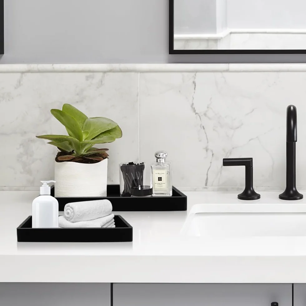 2 Pcs Bandejas de Baño, Bandeja Rectangular Negra,Bandeja Almacenamiento Baño para Tocador,Fregadero de Cocina Y Bandeja de Silicona para Baño
