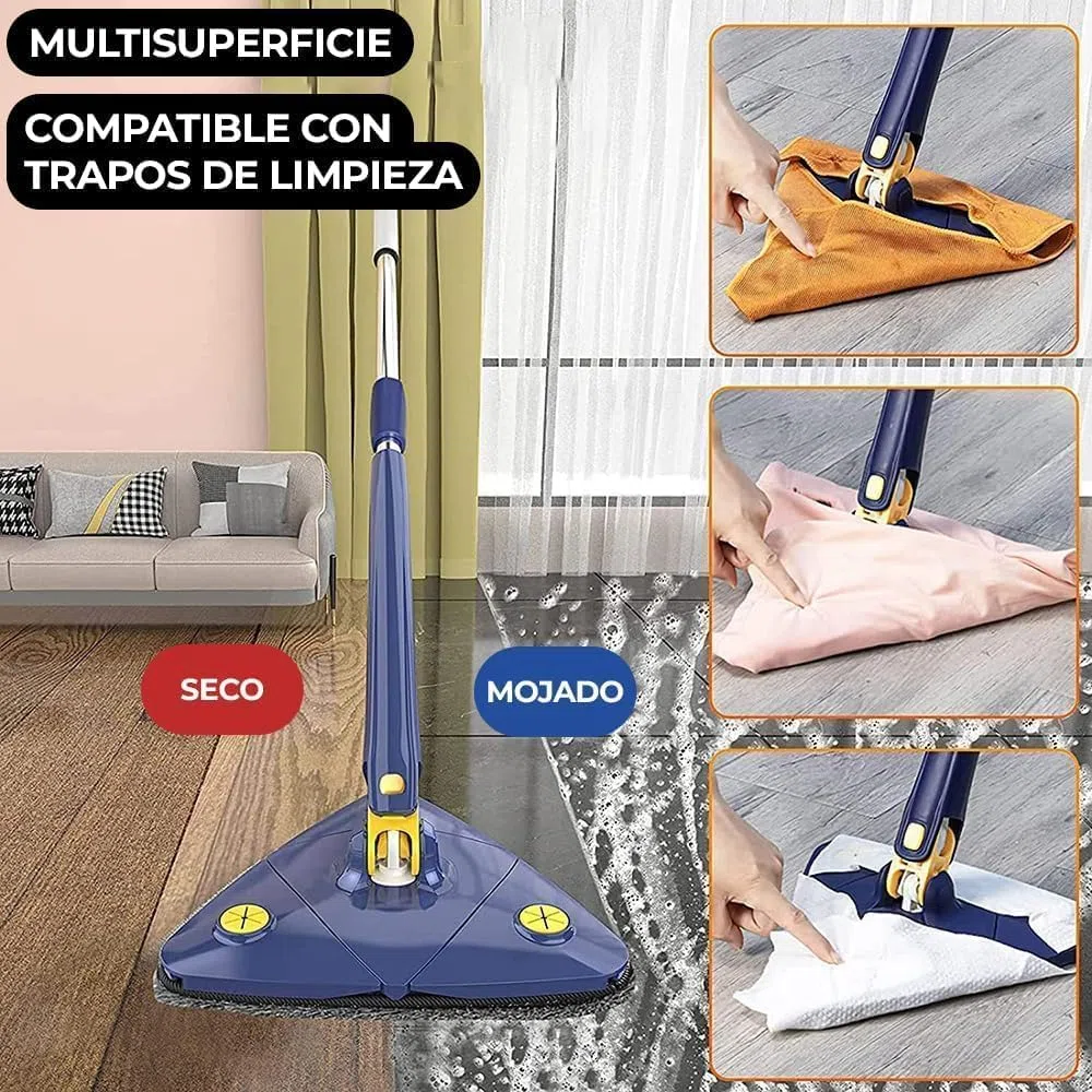 Mopa Triangular Giratoria 360 para Limpiar Suelos, Paredes, Ventanas, Techos y Muebles. Fregona Triangular Giratoria Microfibra, Función Autoescurrible, Incluye 2 Recambios