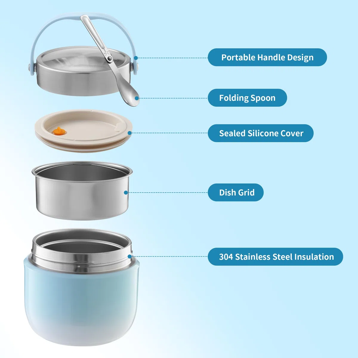 Recipiente Térmico para Alimentos 1200 ml Termo Comida Caliente Adulto con Cuchara Plegable Fiambrera Termica Para Guardar Comidas,Almuerzos,Gachas,Sopas (Azul)