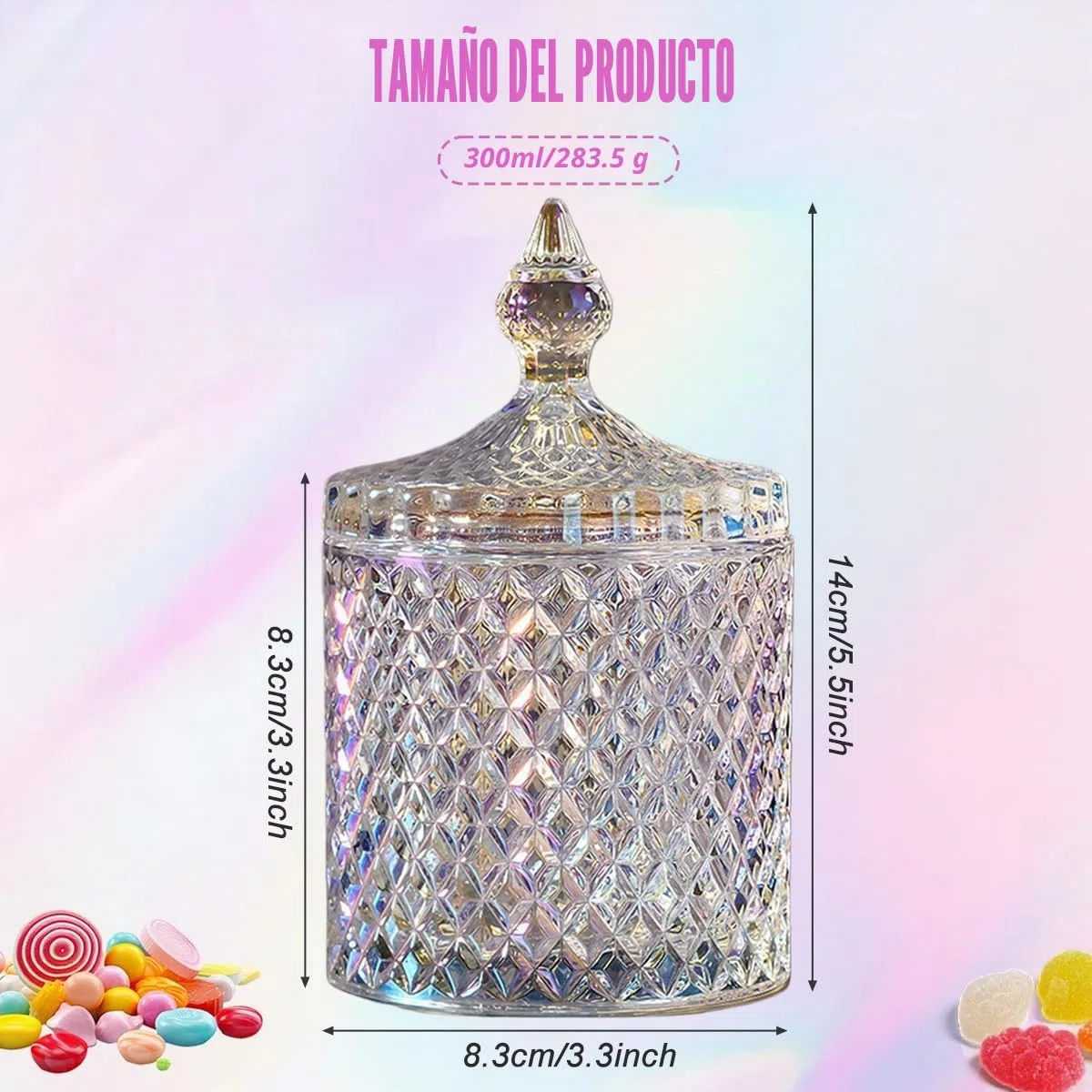 Erioctry - Tarro de cristal hermoso de 300 ml/10 oz con tapa, caja de caramelos de color para boda, azucarera, barril para galletas, caja decorativa para joyas