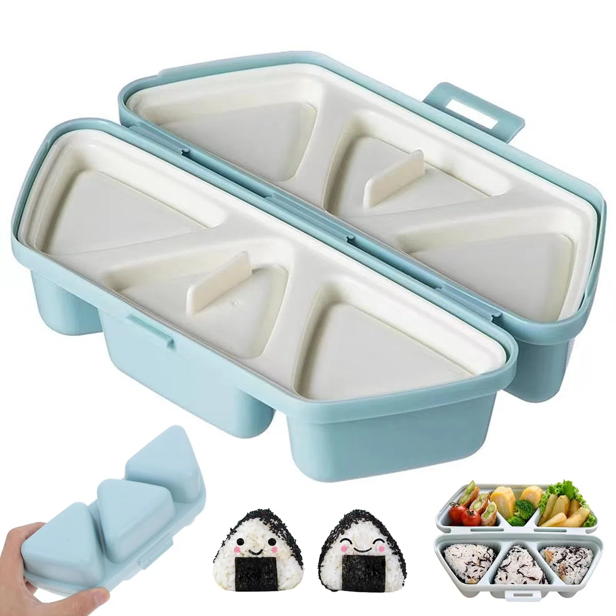 Molde para Onigiri y Fiambrera, 6 en 1 Molde Triangular de Sushi para 6 Onigiri, Kit para Hacer Sushi y Caja de Almacenamiento, para Almuerzo, Picnic y Fiestas