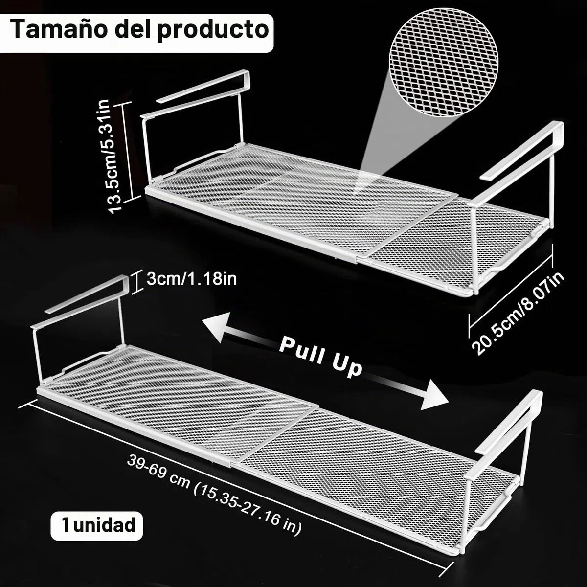 Estantería inferior, cesta colgante para armario, estante ajustable de 38 – 70 cm, cesta colgante de metal, organizador para armarios de cocina, despensa y zapateros