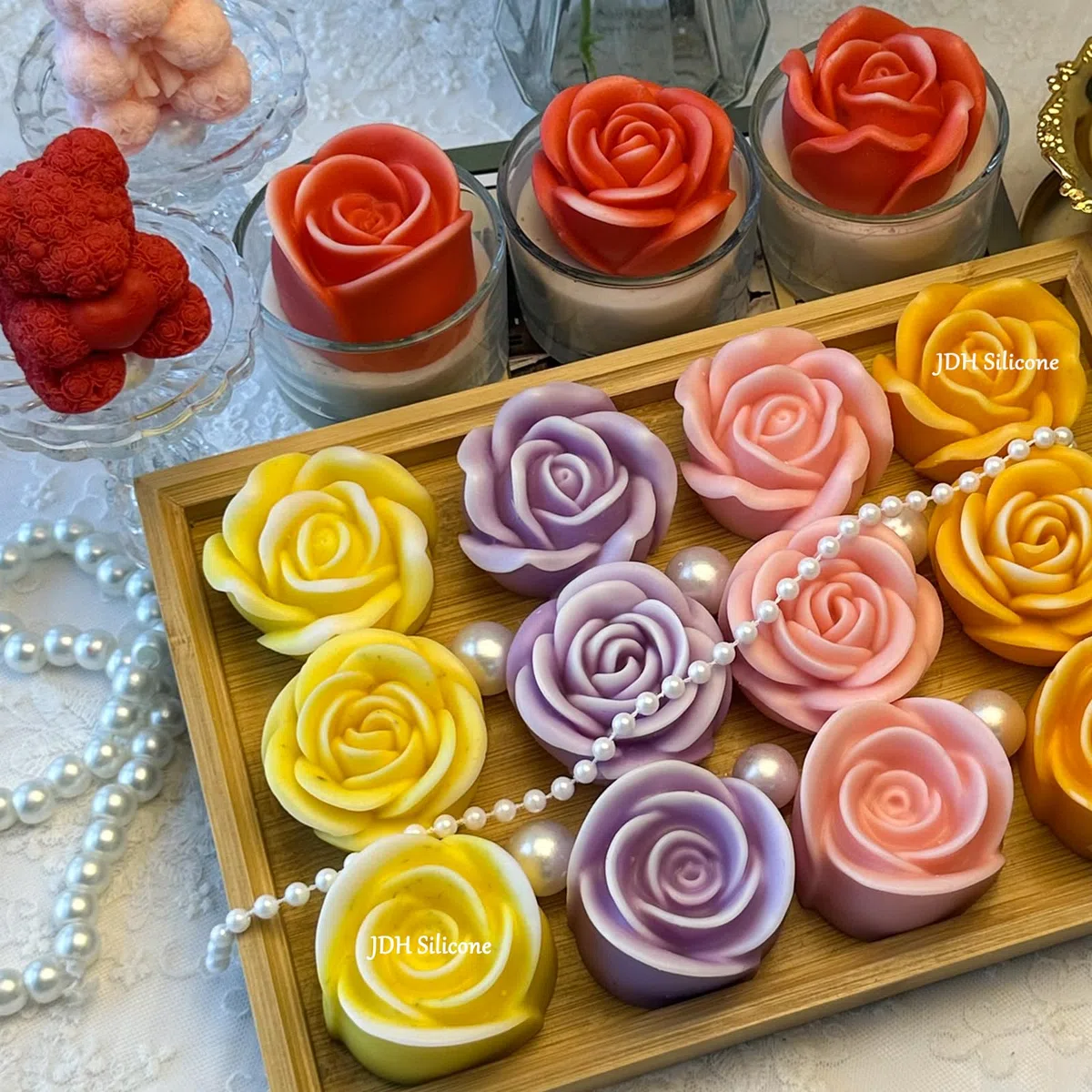 Molde de Silicona 3D para Velas - 3 Piezas con Forma de Flor y Rosas - Juego para el Día de la Madre, San Valentín y Fiestas de Cumpleaños