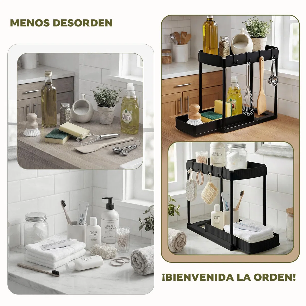 Organizador bajo Fregadero 2 Niveles con Cajón Extraíble – Sin Herramientas Estante con 4 Ganchos, para Baño & Cocina, Negro