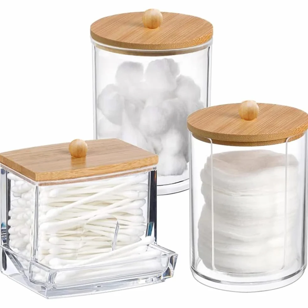 3 Piezas Transparent Organizador Algodones, Algodón Dispensador Bastoncillos, Soportes de Acrílico Qtip Portátil, Bote de Scrílicos Qtip con Tapas de Bambú, Para Hisopos Algodón, Cosméticos
