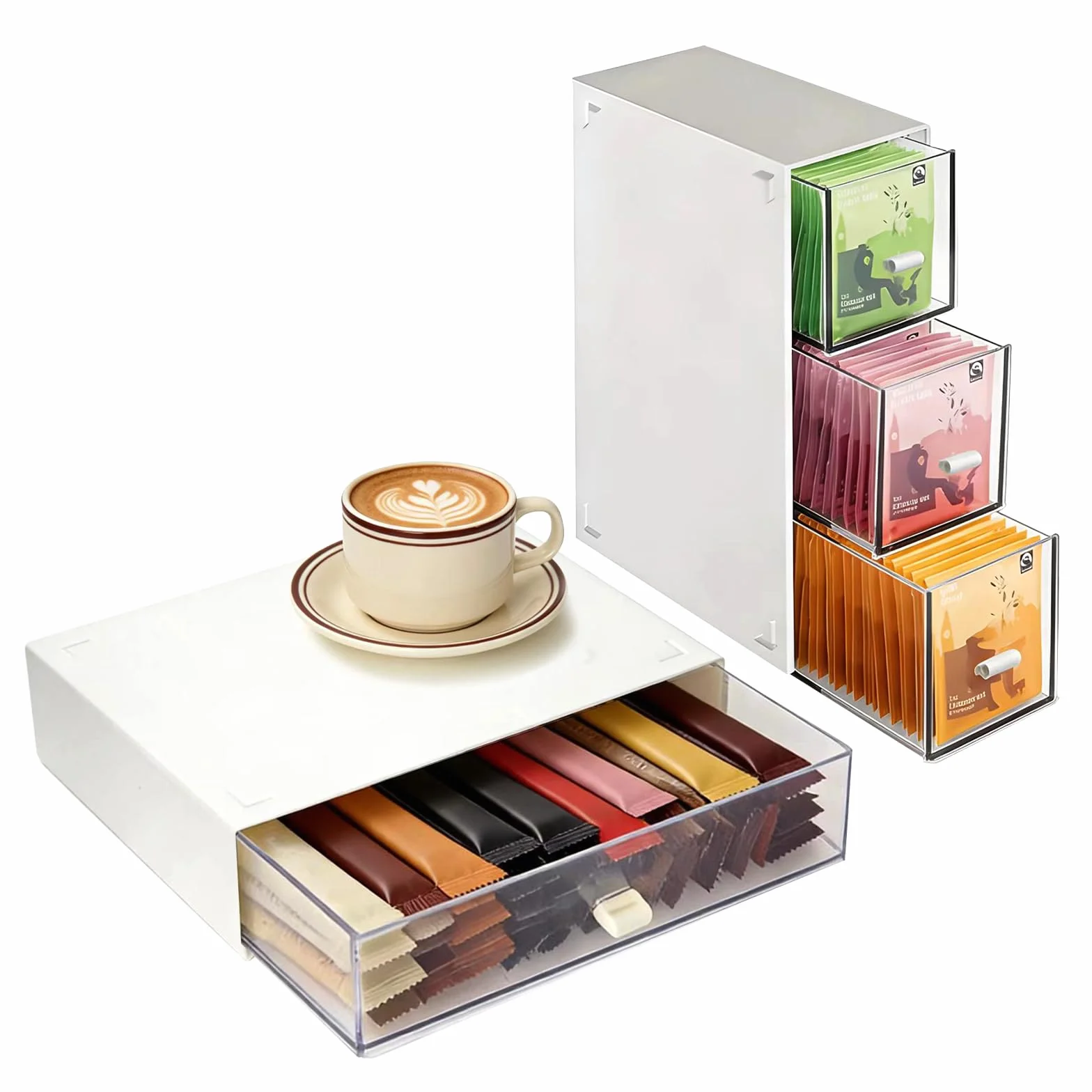 2 cajas de almacenamiento para bolsas de té, cajas de té de plástico para bolsas de té, cajones apilables, organizadores de cocina, cajas de bolsas de té para café, azúcar, especias