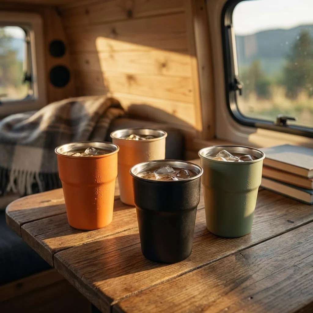 Pack de 4 Vasos de Acero Inoxidable 300 ml con bolsa de transporte Tazas Metálicas Resistentes, Ligeras y Apilables Aptas para Bebidas Frías y Calientes Ideal para Camping, Viaje y Uso Diario