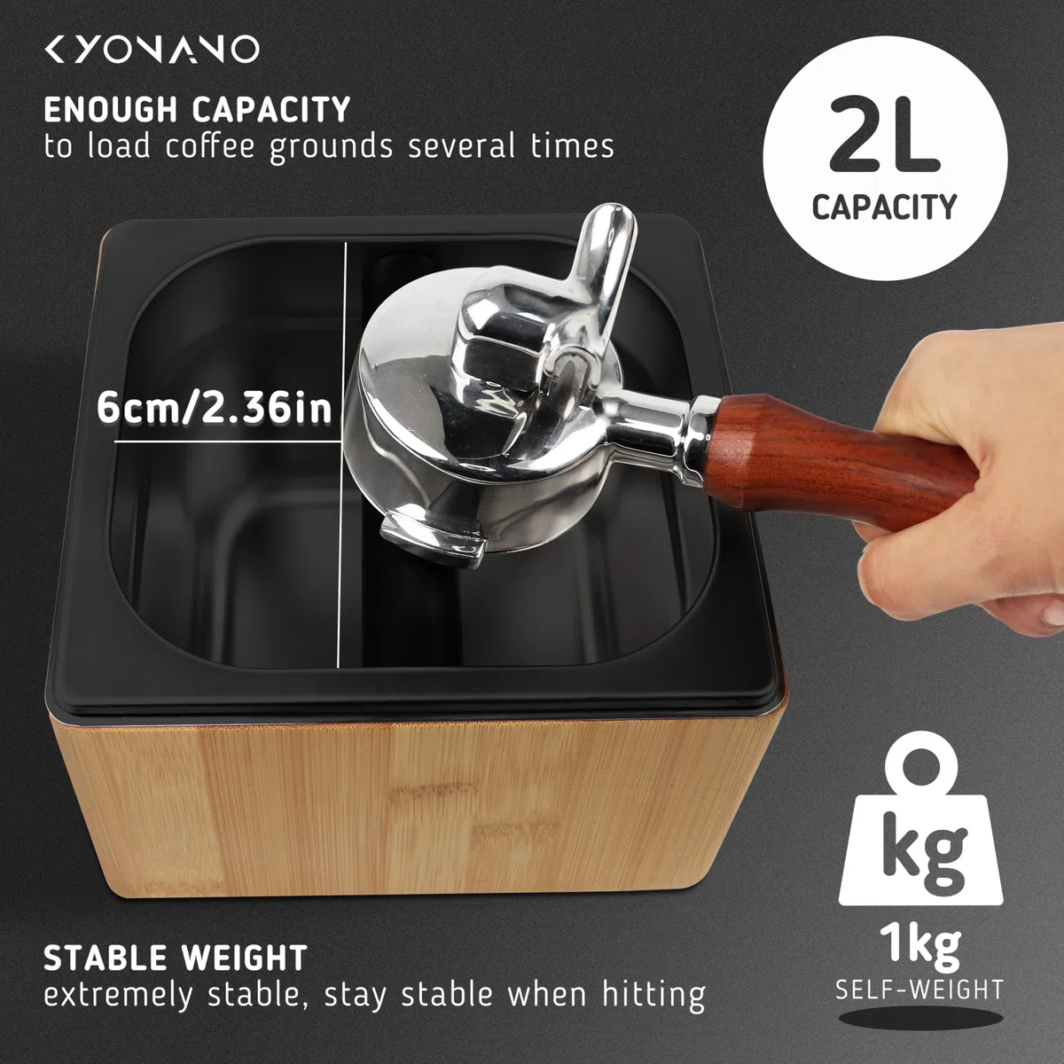 KYONANO Caja de café con barra de golpes y base antideslizante, hecha de bambú y acero inoxidable, caja de café molido