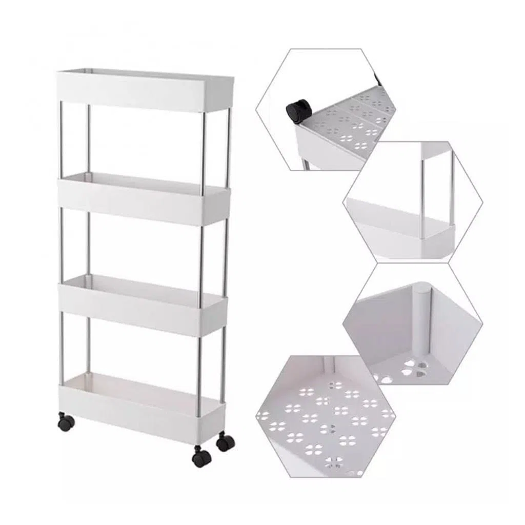 Carro de Almacenamiento, Organizador de Almacenamiento, 4 niveles, Carrito Auxiliar con Ruedas, Carrito Cocina, Carrito de 4 Baldas, Carrito Estrecho, para Baño, Cocina, 40 x 22 x 89 cm, Blanco