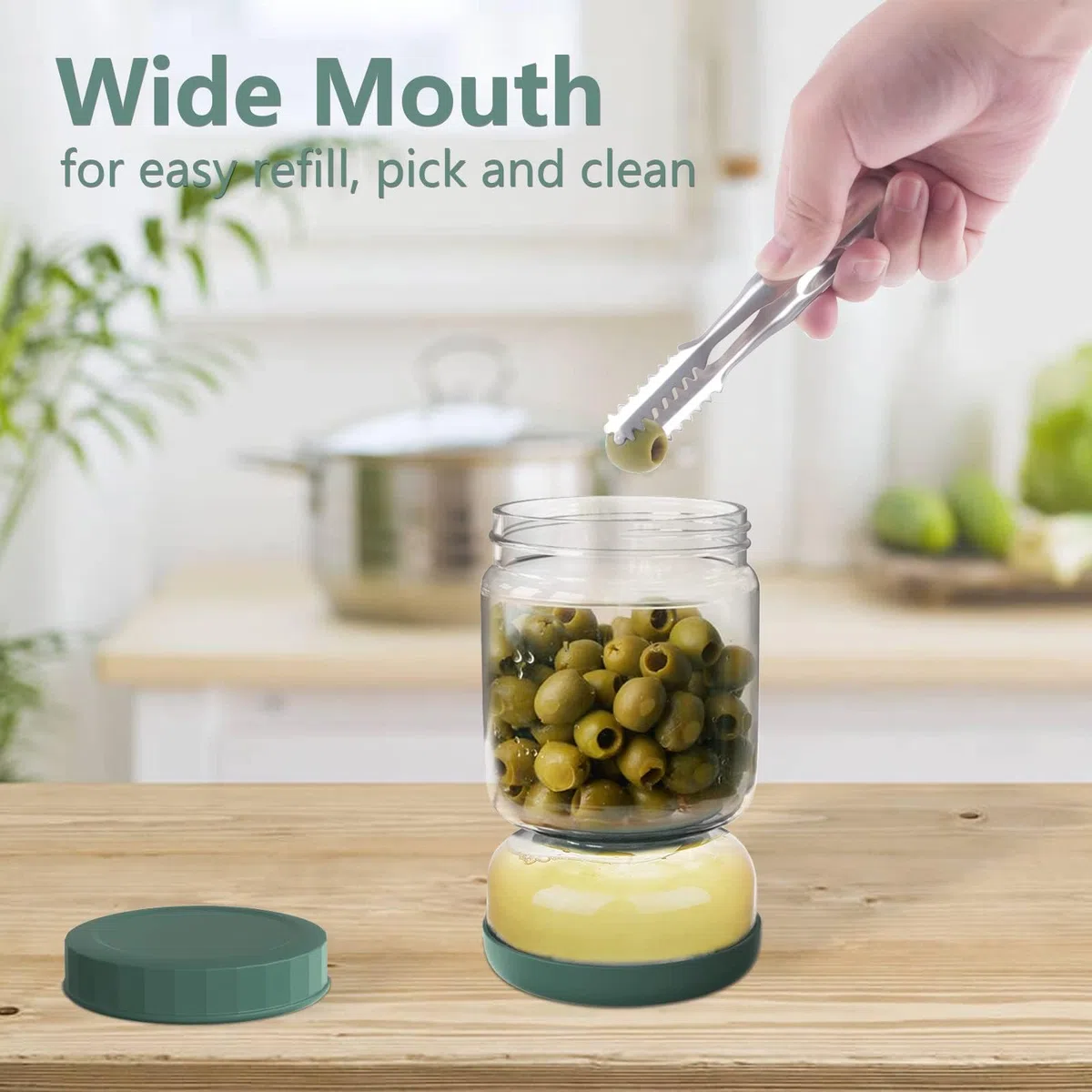 Luvan Bote Aceitunas con Escurridor, Tarro Aceitunas Separador Liquidode de 1000 ml,Tarro Hourglass con Tapa a Prueba de Fugas, para Pepinos, Jalapeños y Cebollas