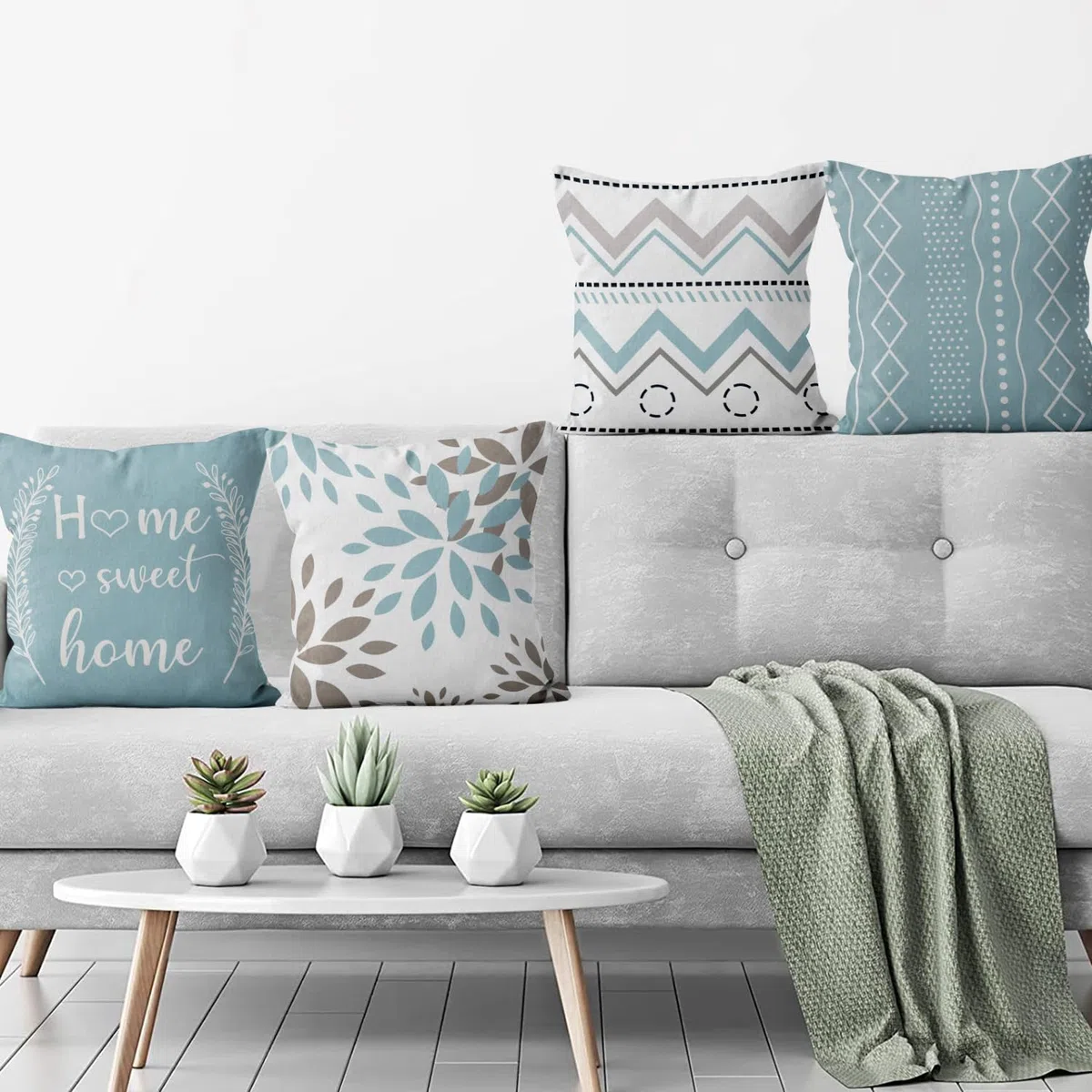 Azul Fundas de Cojín 40x40 cm Juego de 4, Moderno Azul Gris Blanco Geometría Estampado Rústico Cuadrado Sofá Decorativo Lavable Poliéster Lino Textil Exterior Jardín Funda de Almohada