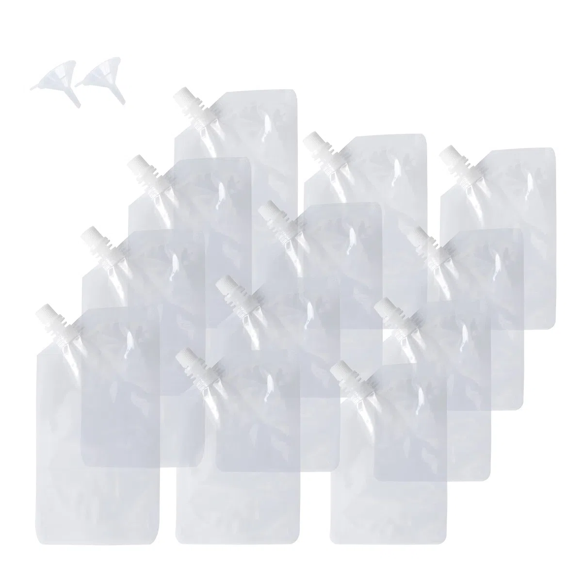 12 bolsas de plástico para bebidas y 2 embudos, bolsas de bebidas para festivales, frascos de licor reutilizables con boquilla, rellenables, transparentes, 250 ml, 350 ml, 500 ml, bebidas a prueba de