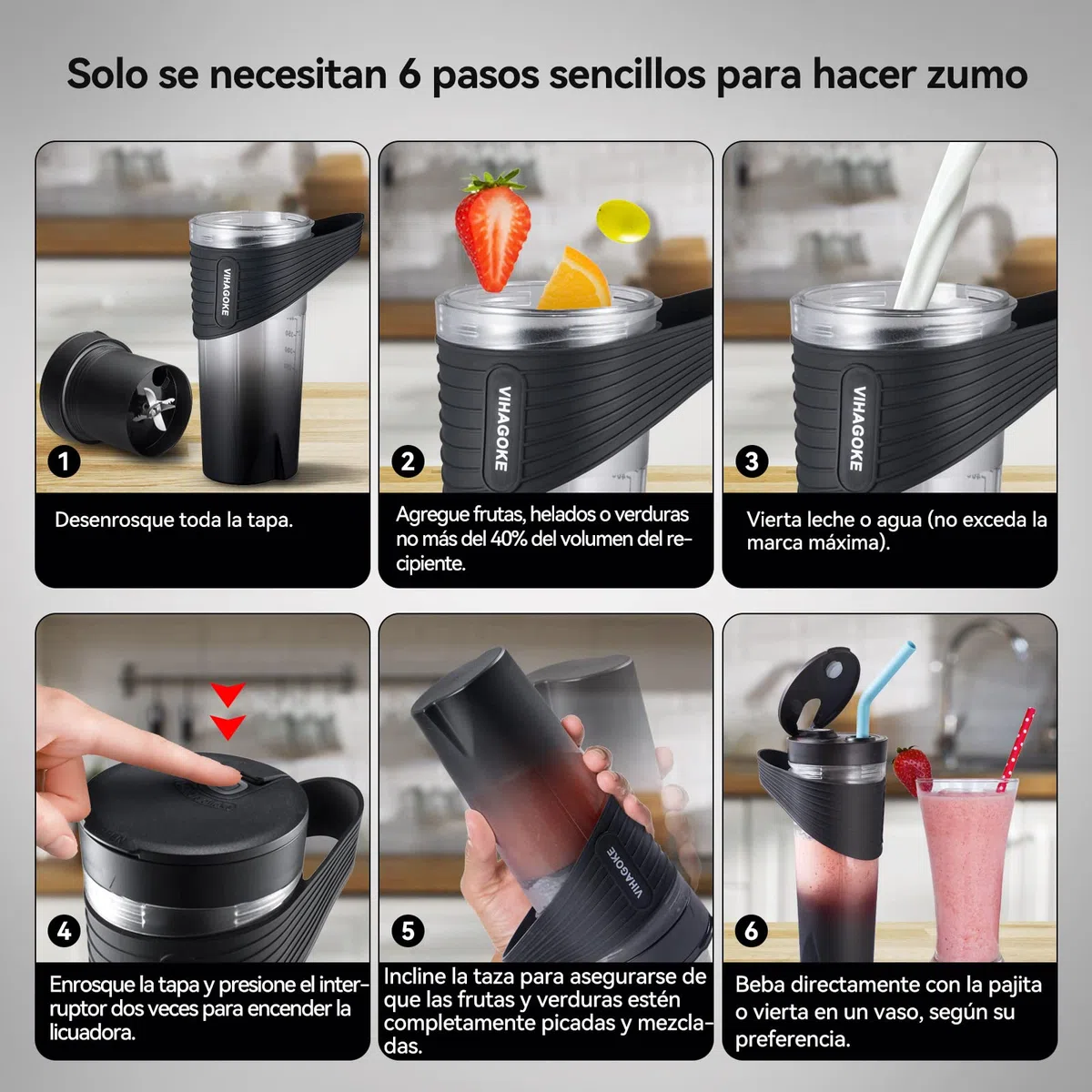 Batidora Portatil para Smoothies, Licuadoras Para Zumos de 460ml con Batería Recargable de 4000mAh, Batidora Smoothie con Pajita de Silicona, Adecuado para Viajar y para el Hogar (HD-07)