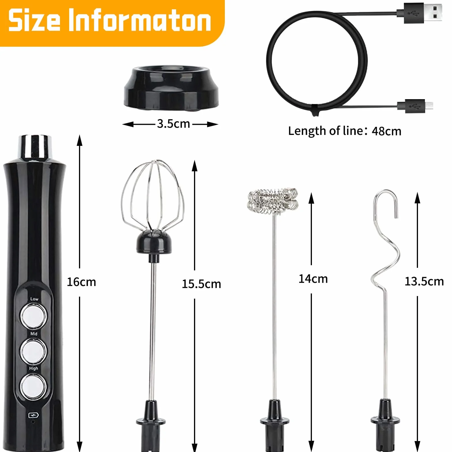 Espumador Leche USB Recargable Eléctrico 3 Velocidades, Batidora Espuma Mano Acero Inoxidable 3 Cabezales Batidores,Batidor Mini Moderno para Espumar Café/Capuchino/Batir Huevos/Mezclar/Matcha/colacao