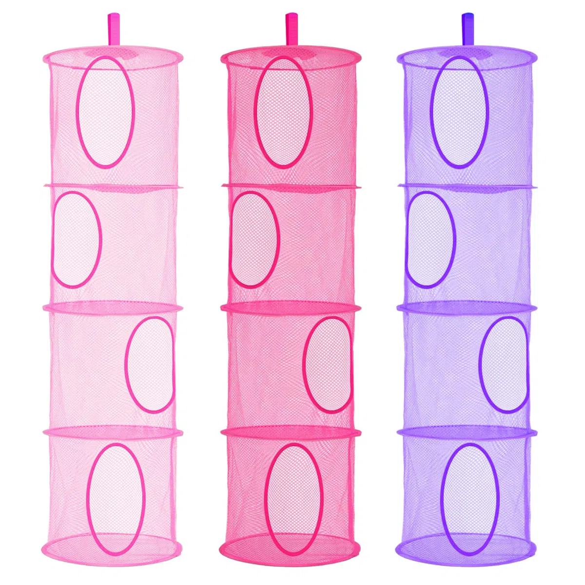 LIVEHITOP 3PC Red de Almacenamiento Colgante, Cesta de Almacenamiento Plegable de 4 Niveles para Ahorrar Espacio para Habitación de Niños, Baño, Balcón (Pink, Rosa, Púrpura)