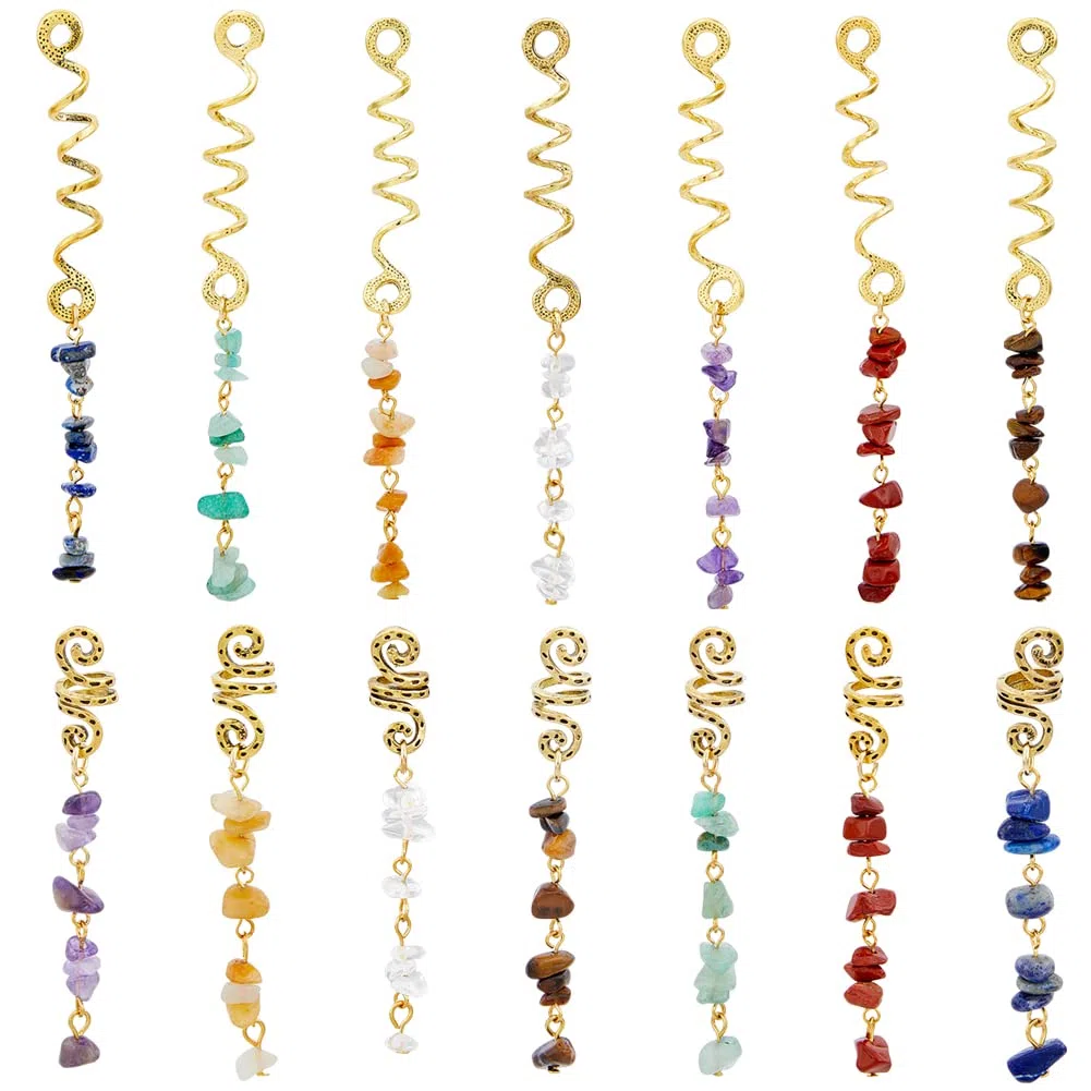 SUPERFINDINGS 14pcs 7 Colores Trenzas Joyas para el Cabello con Piedras Naturales Colgante Cristal Espiral Loc Joyería Cristal Dreadlock Accesorios Encantos para el Cabello para Trenzas