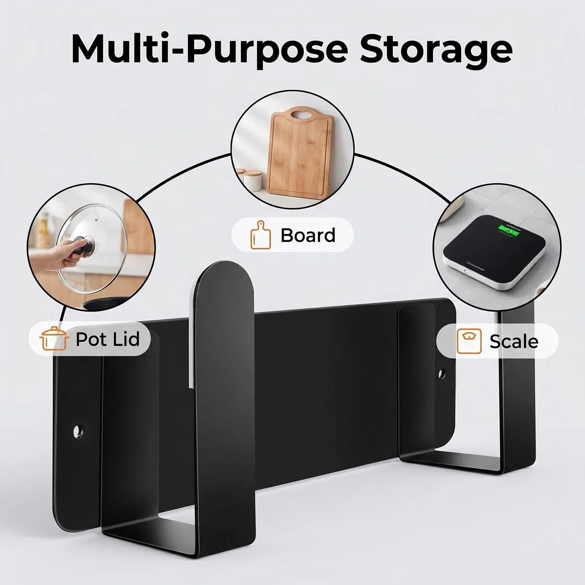 Organizador de Tapas para Ollas de Acero Inoxidable 304, Soporte de Pared con Adhesivo 3M - Estante para Tapas de Cocina, Sartenes y Tablas de Cortar, Montaje Fácil sin Taladro(Negro)