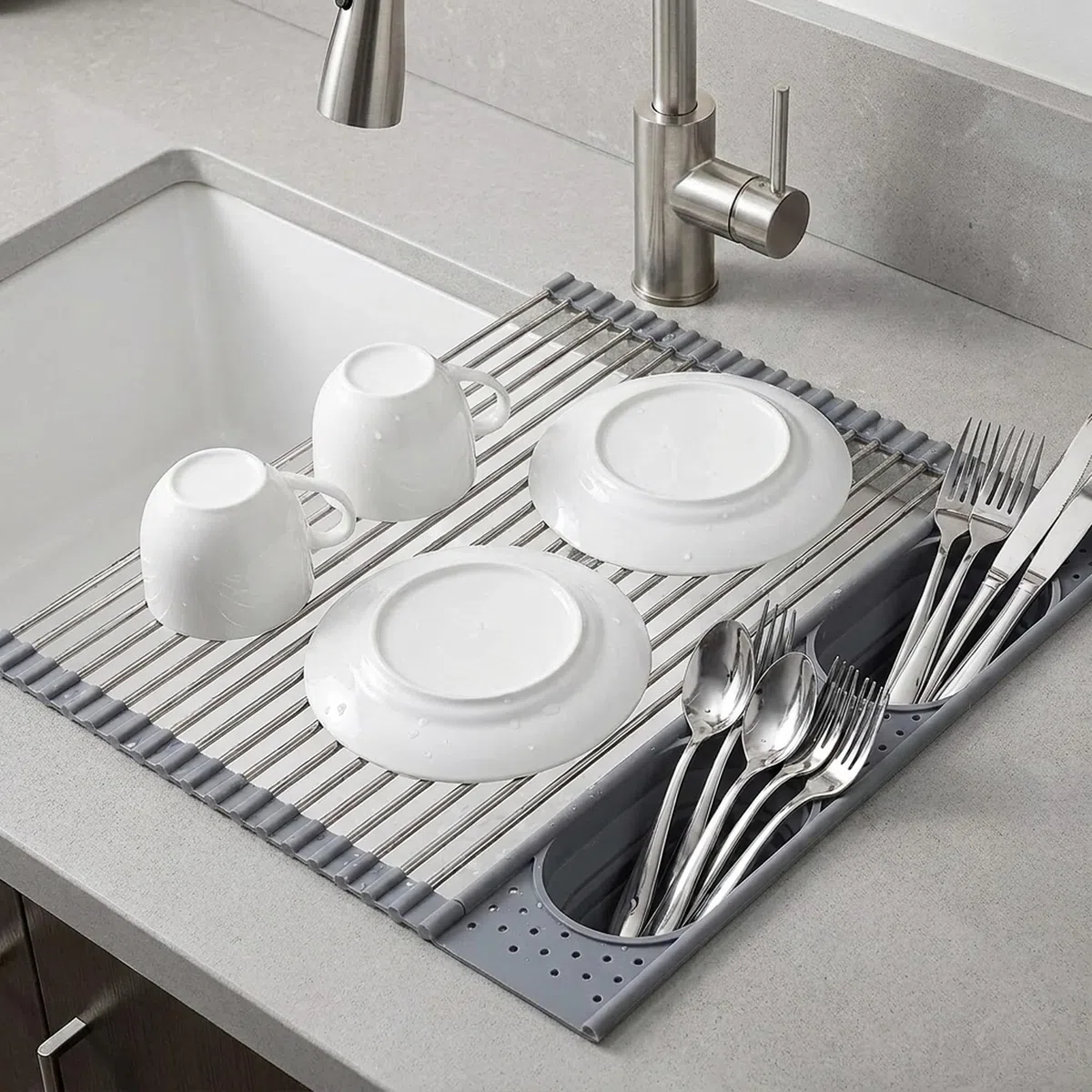 ️ Escurreplatos sobre Fregadero Plegable con 2 Cestas Abatibles Integradas de Silicona Cubiertos y Utensilios Cocina | Escurridor de Platos para Fregadero de Acero Inoxidable y Silicona (Gris)