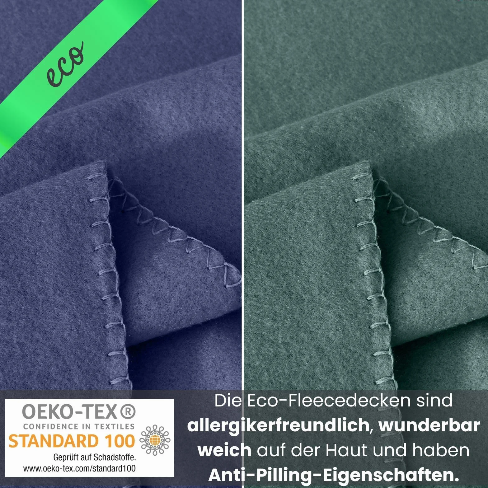wometo Juego de 2 mantas de forro polar ecológico de material 100% reciclado + certificado Öko-Tex, 130 x 160 cm, aprox. 400 g, color verde oscuro con antibolitas y borde ribeteado