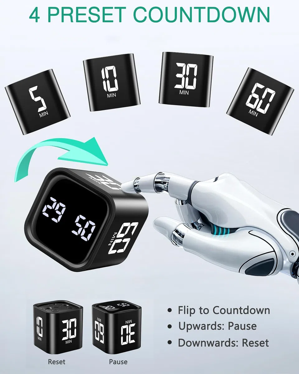 ORIA Temporizador de Cubo, Temporizador de Cocina con Sensor de Gravedad, 5/10/30/60 Minutos y Cuenta Atrás y Adelante Personalizada, Pantalla LED Grande, Volumen de 3 Niveles para Estudio, Trabajo