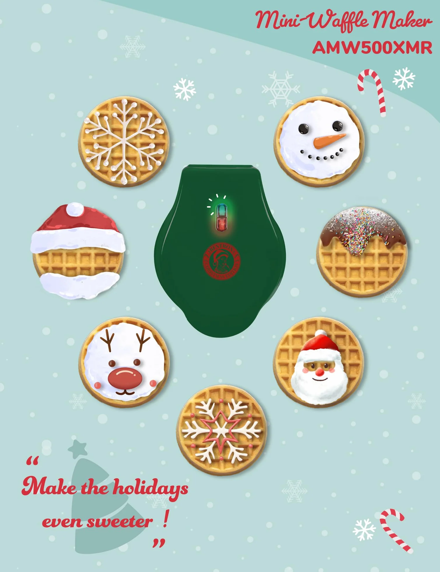Bestron Mini Gofrera, Christmas Edition, Edición Limitada, Waffle Maker con revestimiento antiadherente, ideal para Navidad, fiestas o como regalo, tamaño del waffle: 10 cm, Color: verde mate