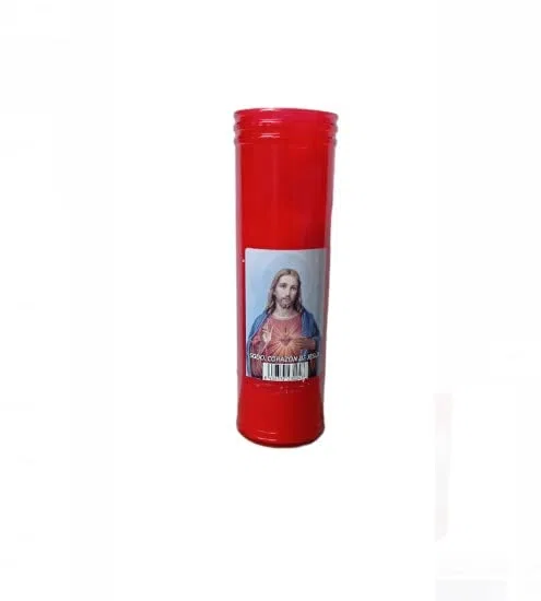 Pack de 6 Velones V-7 con estampación del sagrado corazón de Jesús envase de color rojo.
