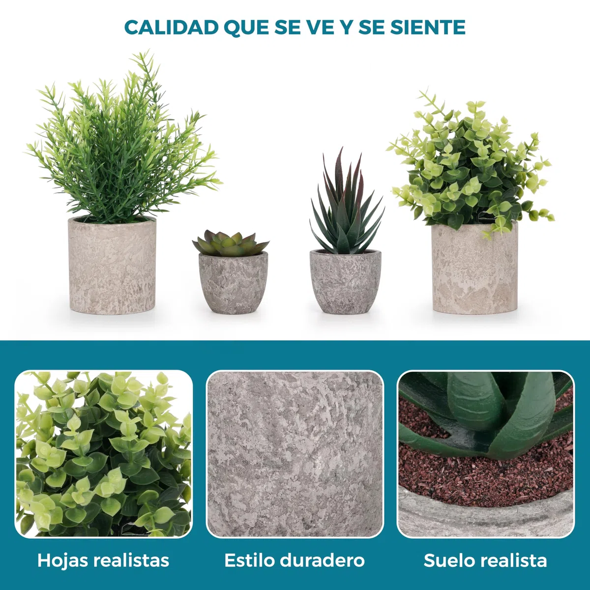 Winter Shore Planta Artificial Verde Pequeña (Pack de 4) - Plantas Artificiales Decorativas con Estilo Campesino - Maceta Interior para Baño y Escritorio de Oficina - Eucalipto y Plantas Suculentas