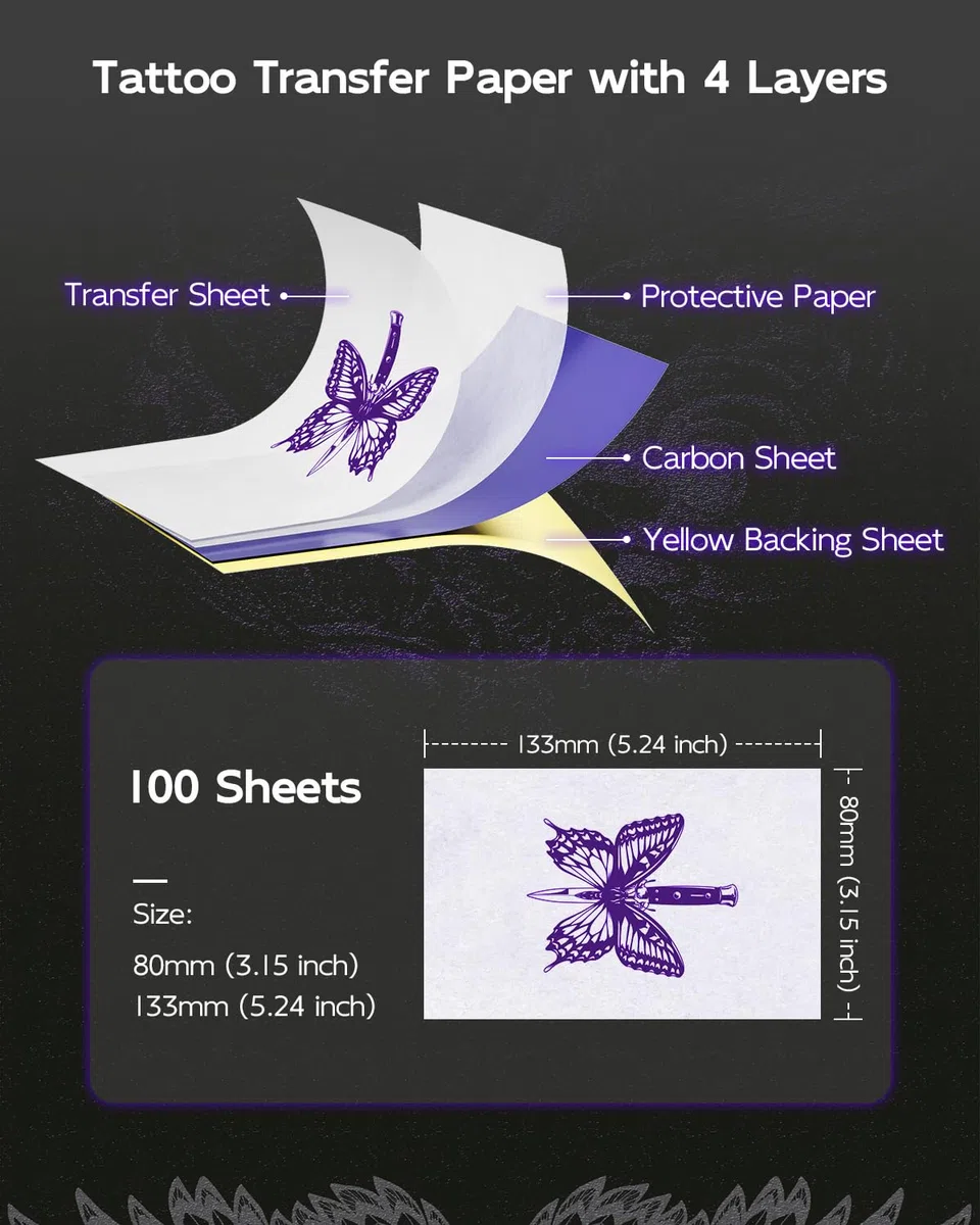 Phomemo TP31 Papel de Transferencia de Tatuaje, Papel Térmico de Impresora Plantilla Para Tatuaje, Compatible Con TP31 Impresora Termica Tattoo, 80 mm x 133 mm 100 Hojas