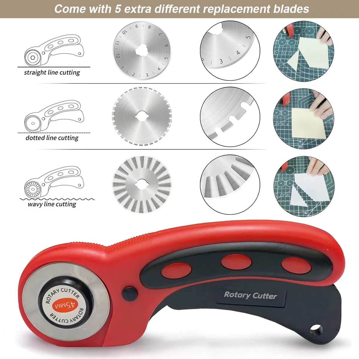 Cuter Rotatori Cúter de Cuchilla Circular Cúter Rotativo con 5 Cuchillas de 45mm Cortador Giratorio con botón de bloqueo Rotary Cutter para Tela Patchwork Costura Manualidades Papel Kraft o Cuero