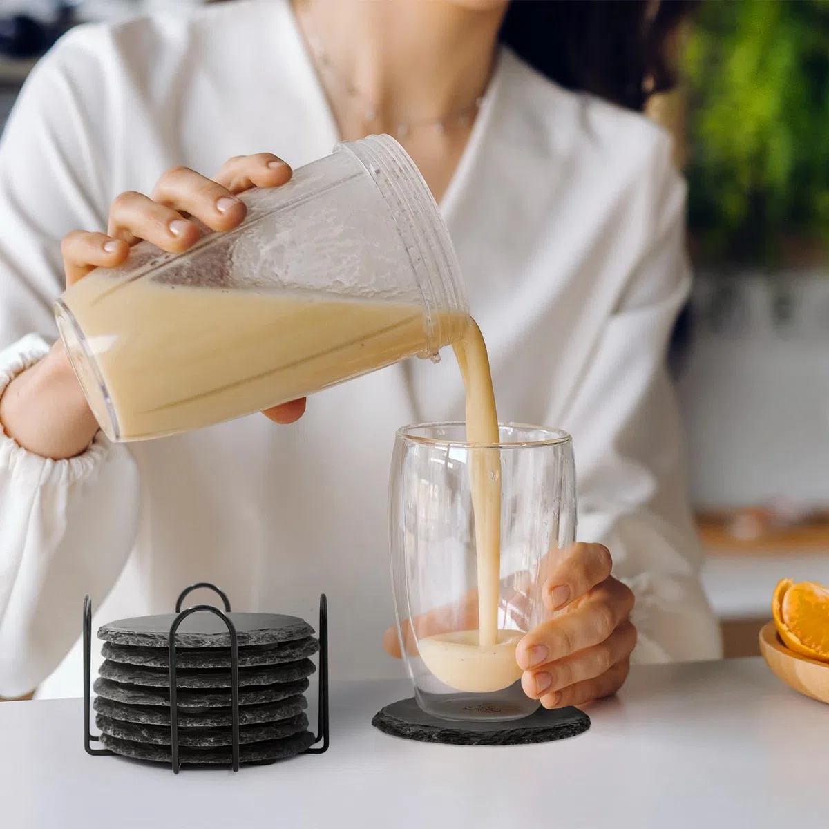 Joeji's Kitchen Juego de 8 Posavasos Negros con Soporte Elegante, duraderos y absorbentes, Proteger mesas y encimeras