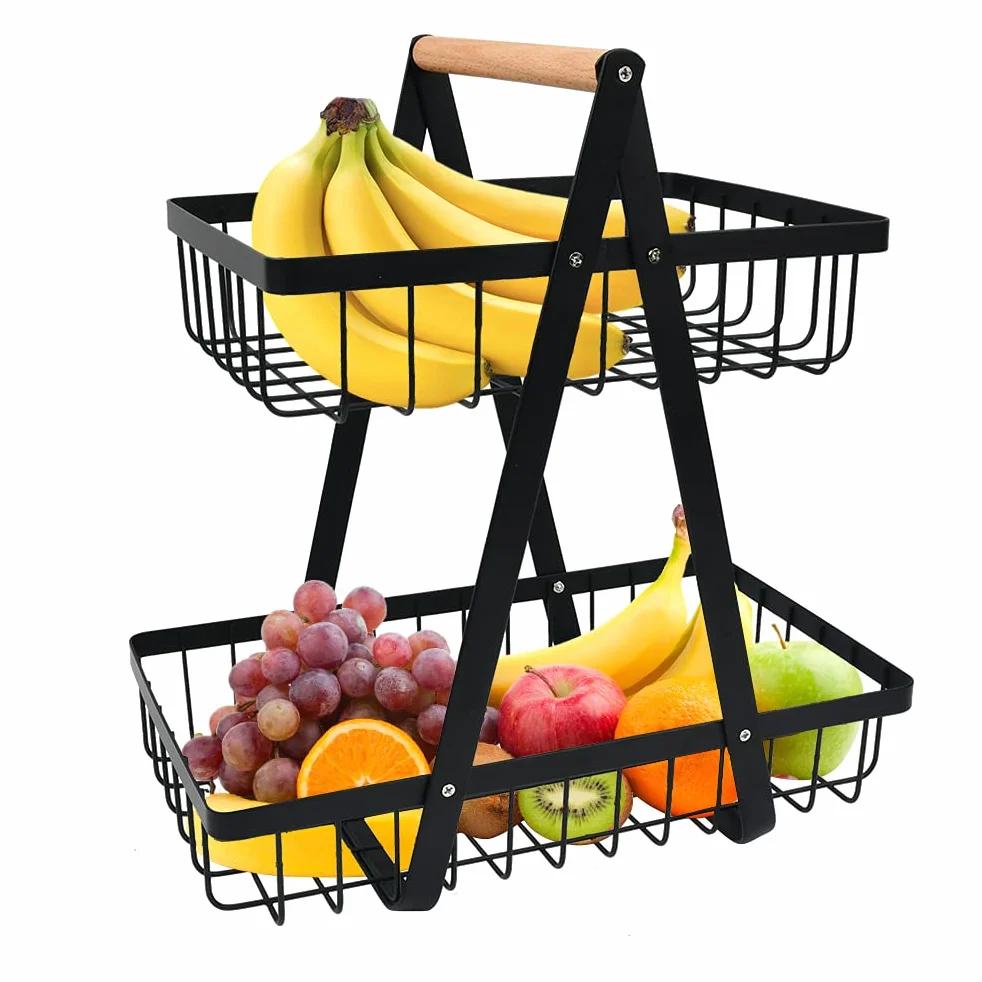 Cesta de Frutas de 2 Niveles, Fruteros de Cocina 2 Pisos, Cesta de Cocina para Frutas y Verduras, Negro Frutero 2 Pisos para Cocinar, Verduras, Aperitivos y Pan