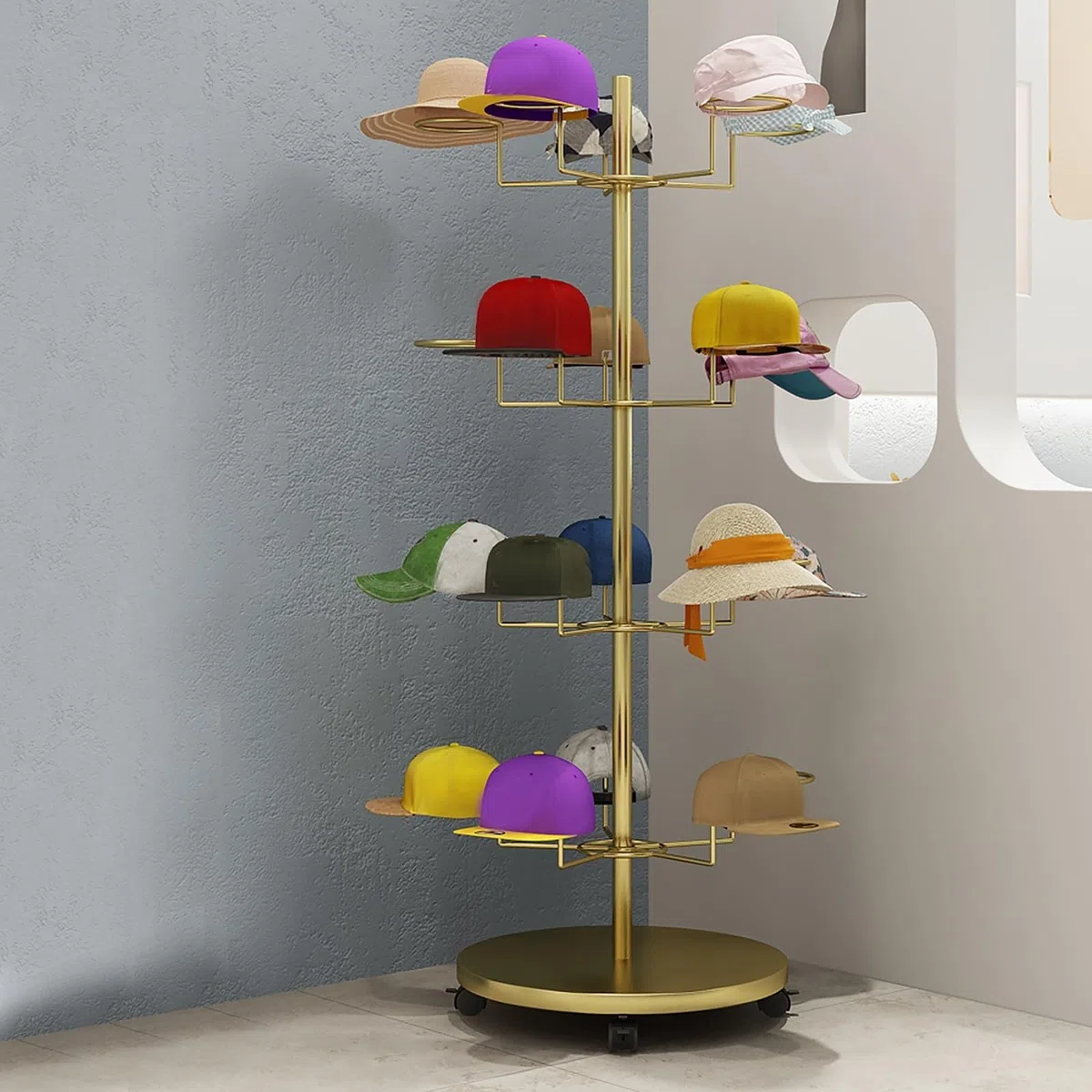 Expositor de Sombreros, Estante de Almacenamiento de Sombreros de 4, 5, 6 y 7 Niveles, Torre de exhibición de Gorras de Metal Independiente con Ruedas giratoria,Gold-4