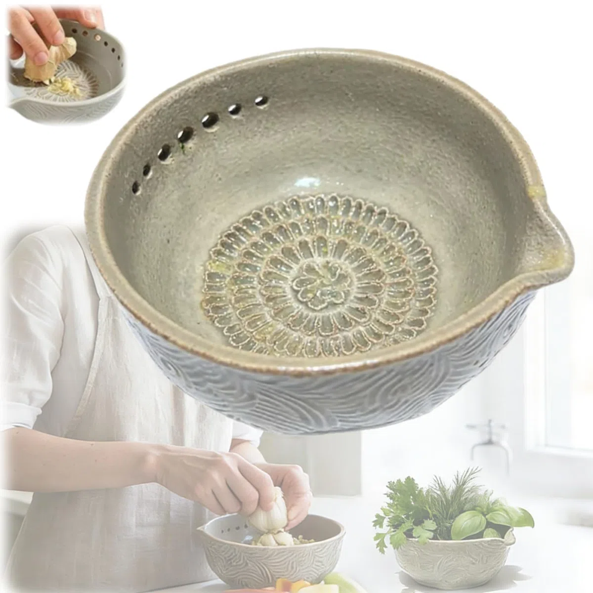 Handmade Garlic Grater X Herb Bowl,2-in-1 Multi-functional Ceramic Kitchen Prep Tool,Efficient Stoneware Herb Stripping Tool with Drainage Port for Fresh Garlic Herbs Lemon (1)