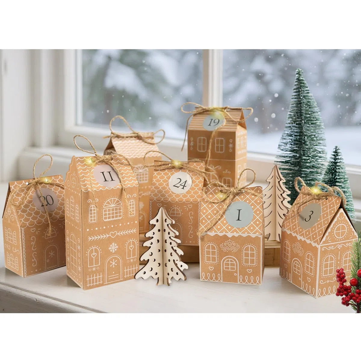 RUBY Calendario de Adviento para rellenar – 24 casitas de jengibre DIY con luces LED, cuerda de yute, pegatinas numeradas – Reutilizable para la familia