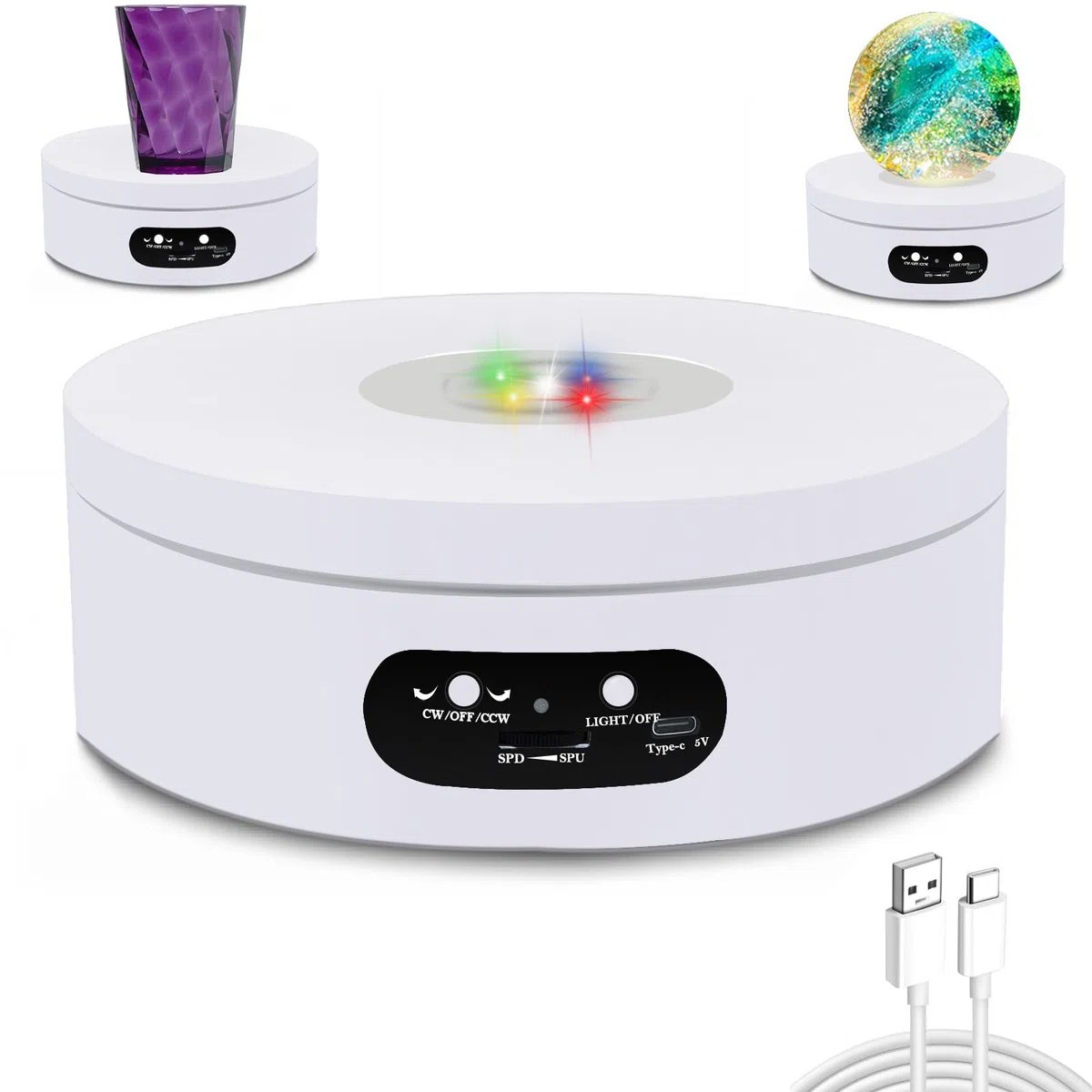 Bandeja giratoria eléctrica LED 360° - Expositor giratorio silencioso con 8 colores, sentido y velocidad ajustables, base blanca 12 cm, alimentación USB o pilas para exposiciones