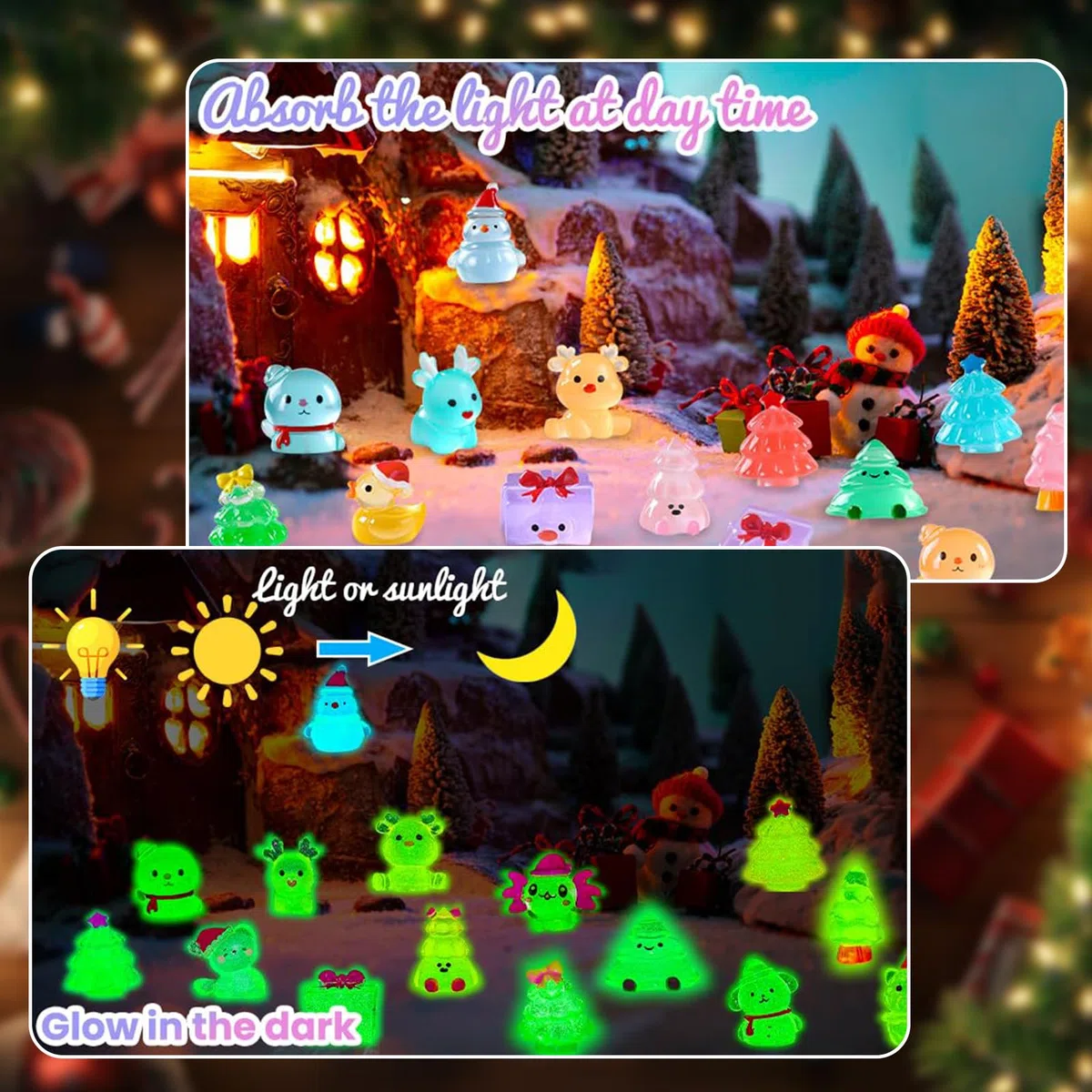 30 Piezas de Mini Figuras navideñas Luminosas, 30 Diferentes miniaturas de Resina navideña, pequeñas Figuras Que Brillan en la Oscuridad, para esconder, Mini f