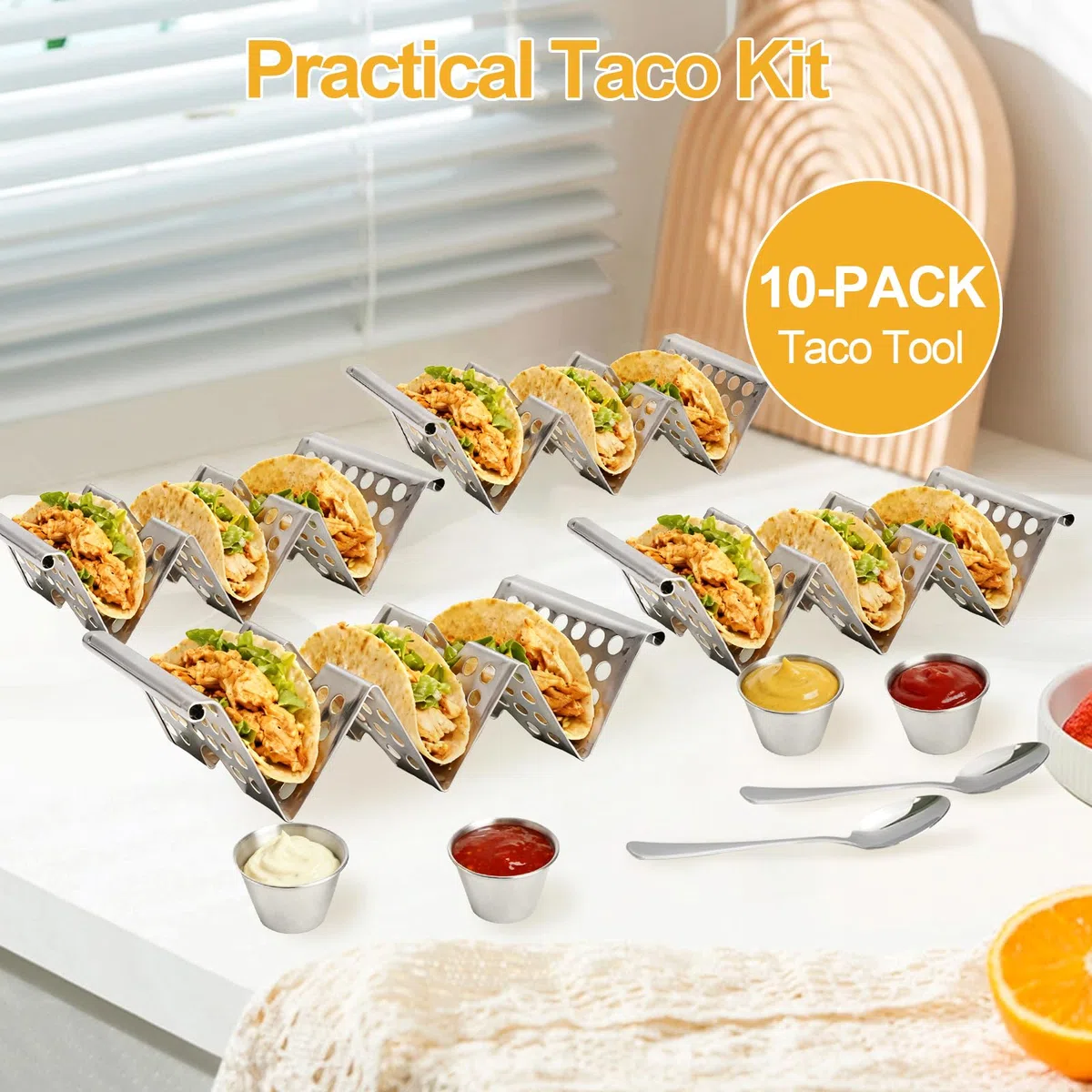 10 Soporte para Tacos de Acero Inoxidable con Cuencos para Mojar y Cuchara, Estante para Tacos Wave hasta 3 Tacos Cada Uno, Soporte para Perritos Calientes para Mantener Sandwiches Tortitas