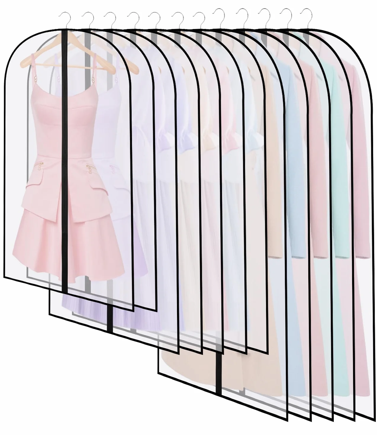 12 Fundas de Ropa, Fundas Ropa Armario Transparente 60 x 120/100/80 cm, Bolsas Guardar Ropa Antipolvo Impermeable Camisas, Bolsa de Ropa para Traje, Vestidos, Camisas,Noche, Negro