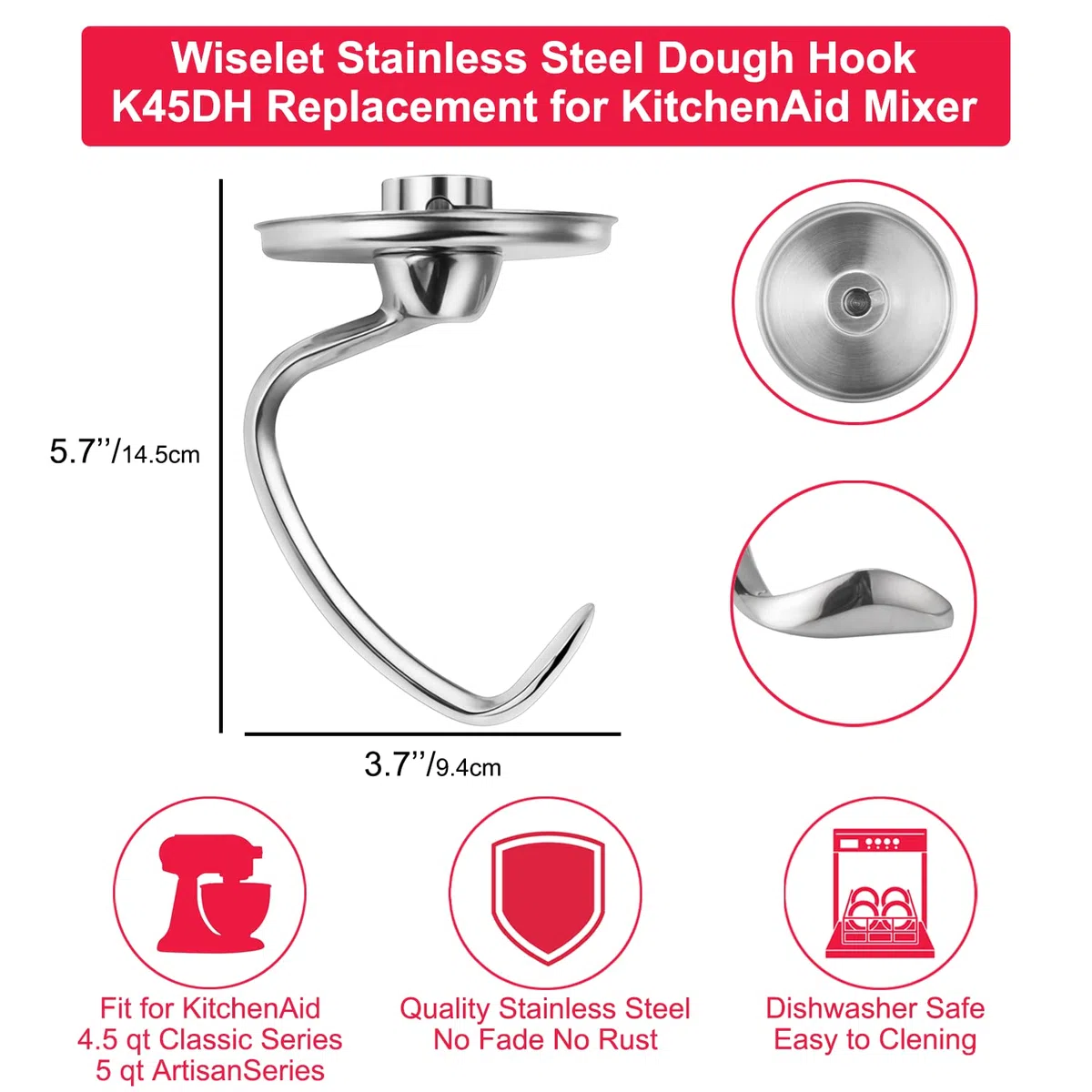 Gancho de acero inoxidable para batidora KitchenAid con cabezal inclinable, resistente y apto para lavavajillas, apto para KitchenAid Classic y Artisan Series