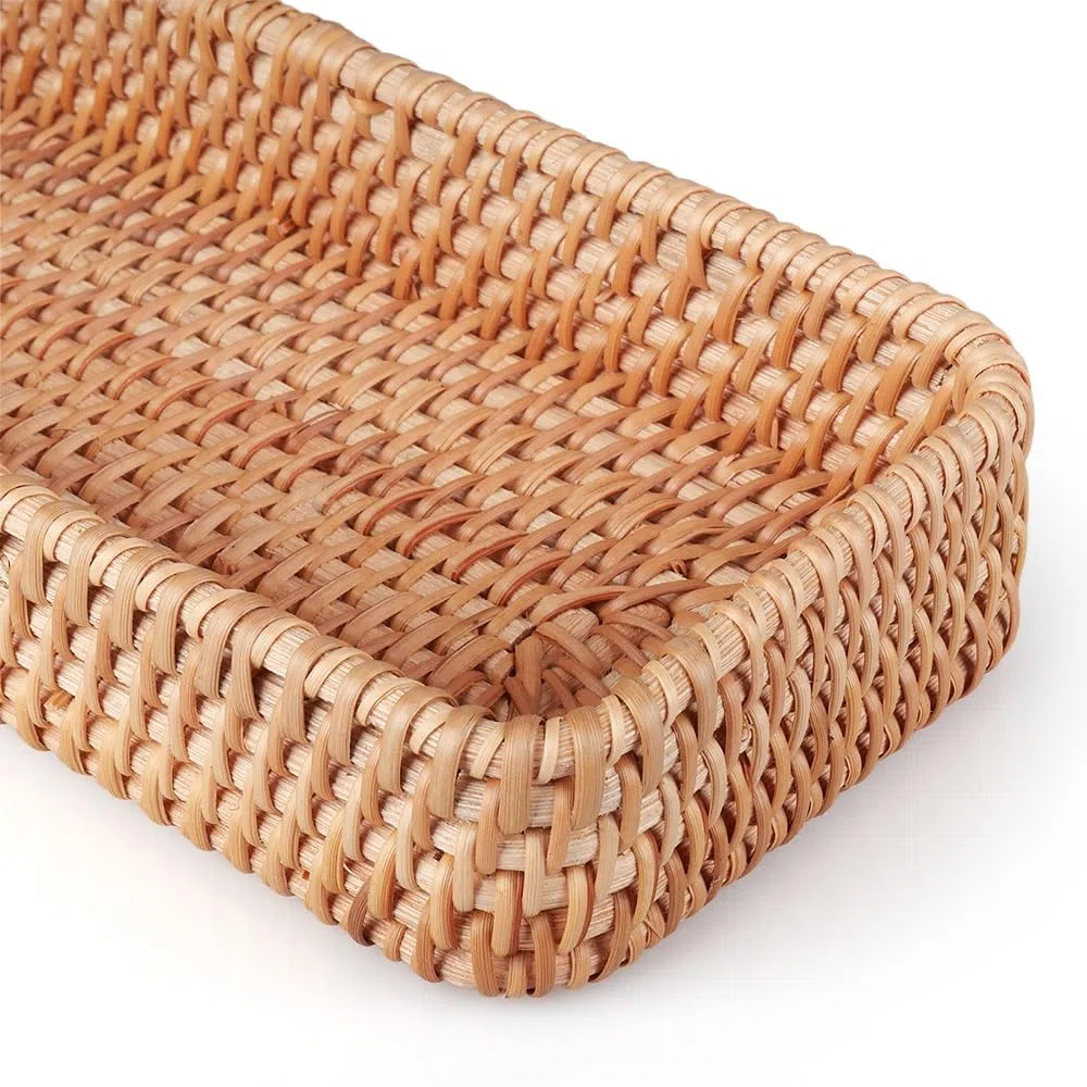 Bandeja Decorativa Rectangular, Cesta de Almacenamiento de Mimbre, Tejida A Mano, para Cocina, Baño, Dormitorio (28 x 11,5 x 4cm)