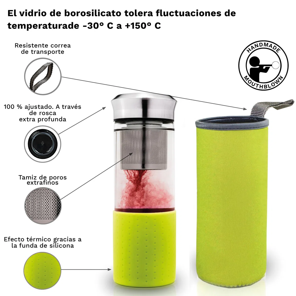 Creano Teamaker Tetera Nómada de Vidrio de Borosilicato 400ml con Filtro de Acero Inoxidable y Funda de Neopreno Hermética – Verde
