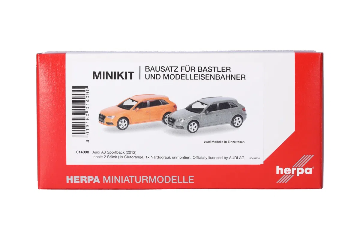 herpa Kit de Montaje MiniKit Audi A3 Sportback (2012) Naranja Brillante y Gris Nardò, 2 Unidades, Miniatura a Escala 1:87, artículo de colección, Kit para modelismo, plástico