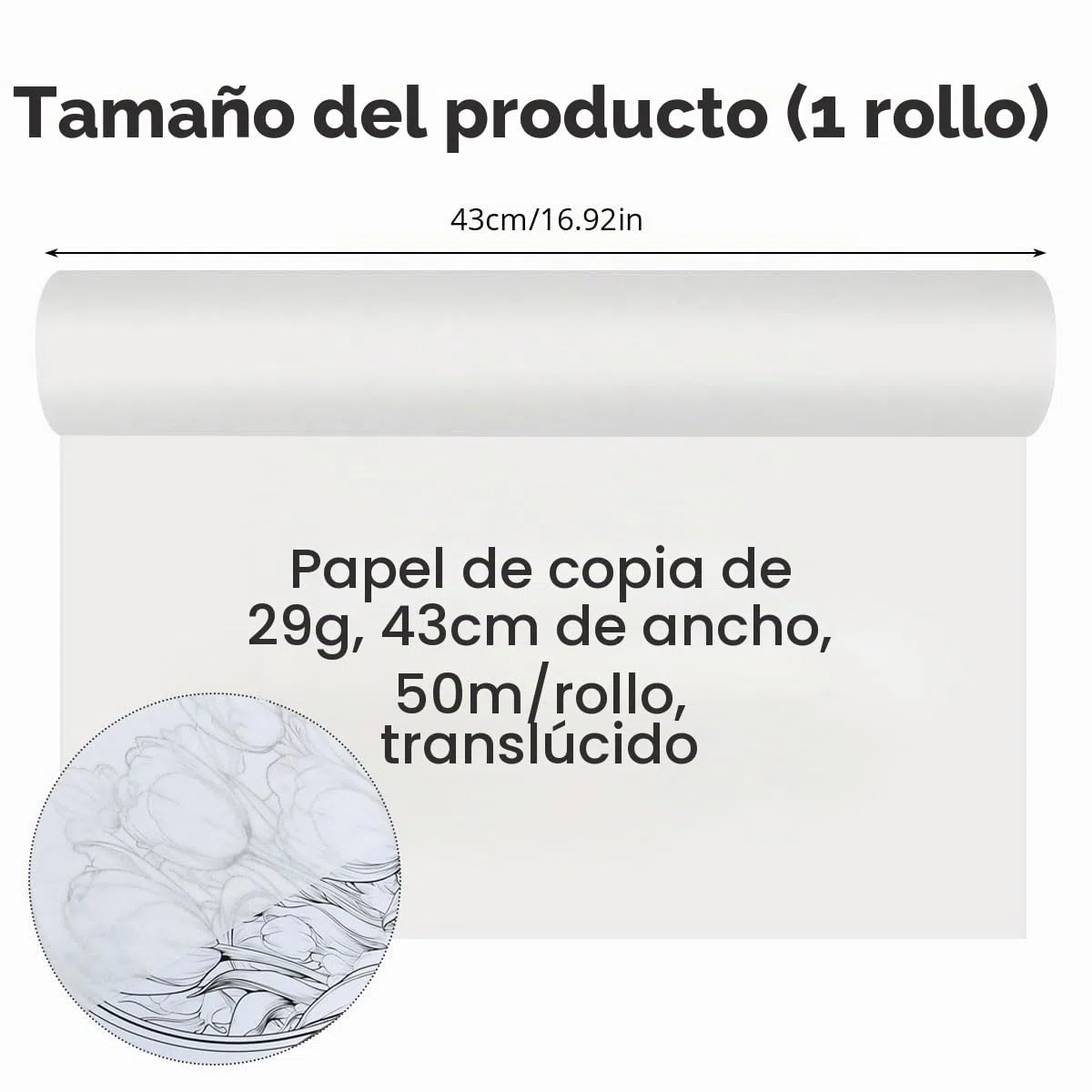 OTYMIOW Rollo Papel de Calco Dibujo 43 cm × 50 m Transparente Translúcido de 29 g/m² Papel de Boceto Rollo de PapelCalco para Plantillas de Modista para Bocetos y Calcos, Confección y Costura