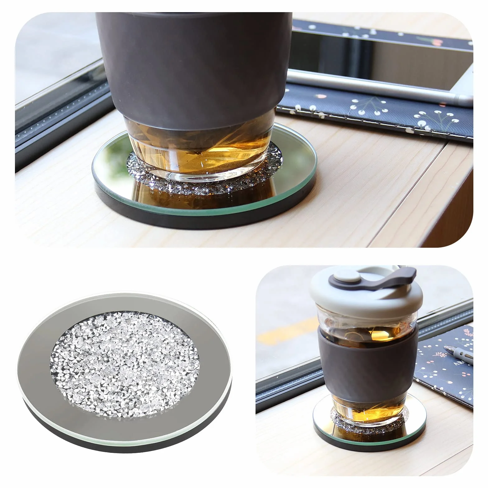 Posavasos Vidrio con Espejo Redondos 4 Pulgadas Antideslizante para Tazas Café Decoración Hogar