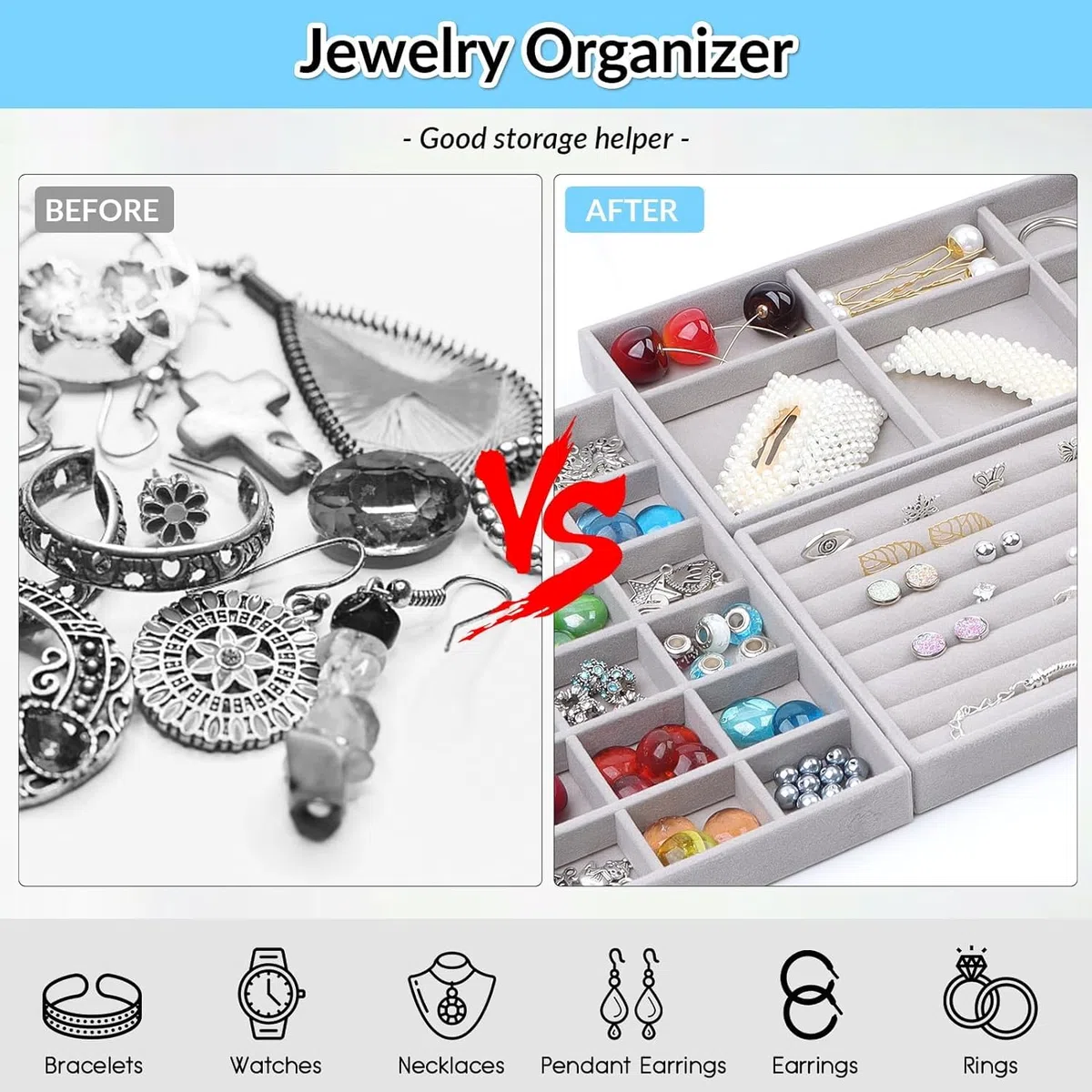 5Pcs Bandejas de Joyería,Bandeja de Terciopelo Apilables de Joyas,6/3/18/0cuadrículas,Bandeja Almacenamiento de Joyas Organizador deJoyas para Mujer y Niña,Joyas Anillos Pulseras Relojes-Gris