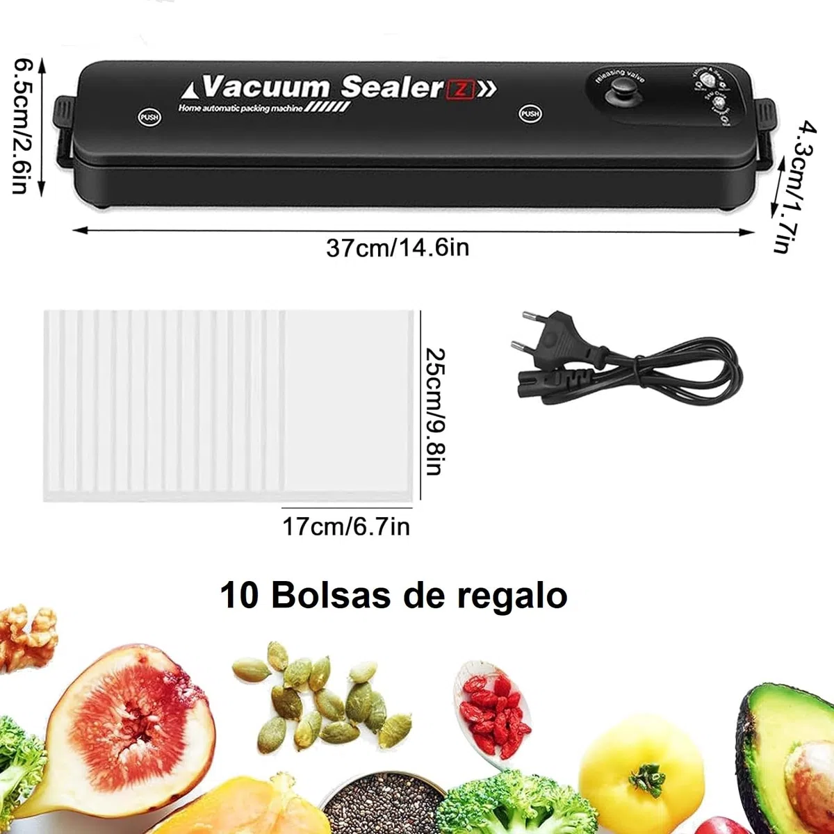 Selladora Para Envasar al Vacio, Maquina Envasadora al Vacío para Alimentos Universal con 10 Bolsas de Sellado de regalo Alimentos Secos y Húmedos