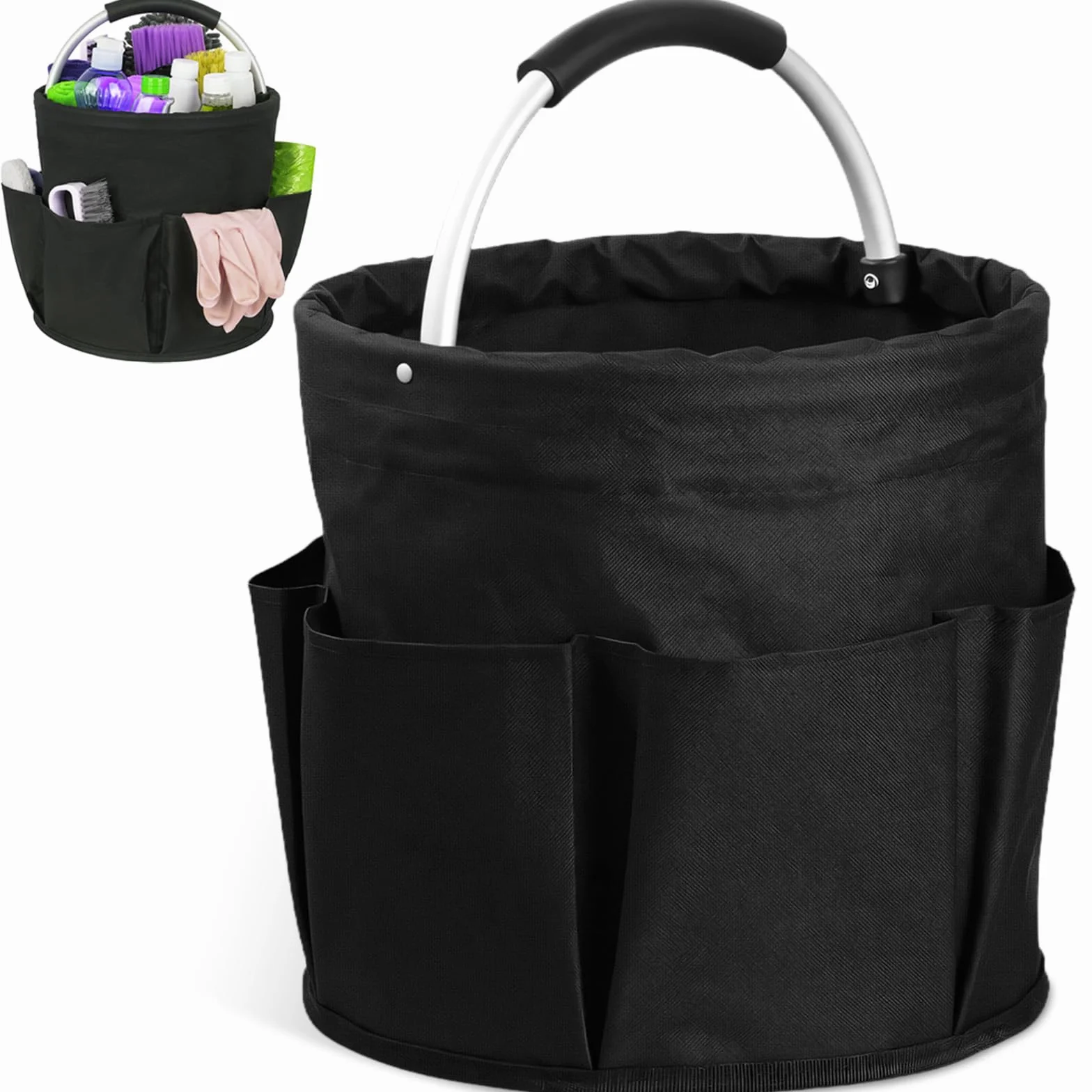 Cesta Organizador Productos Limpieza Plegable con Asa & 6 Bolsillos Exteriores, Bolsa Conservación Herramientas Tela Oxford Impermeable, Cestas Almacenamiento Portátil para Hogar, Baño,Jardín (Negro)