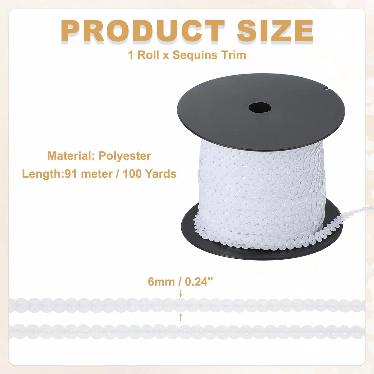 QUARKZMAN Cinta De Lentejuelas Planas De 100 Yardas, Rollo De Cinta De Lentejuelas De 6 Mm, Tira De Lentejuelas Planas Para Accesorios De Costura, Manualidades Y Decoración, Blanco
