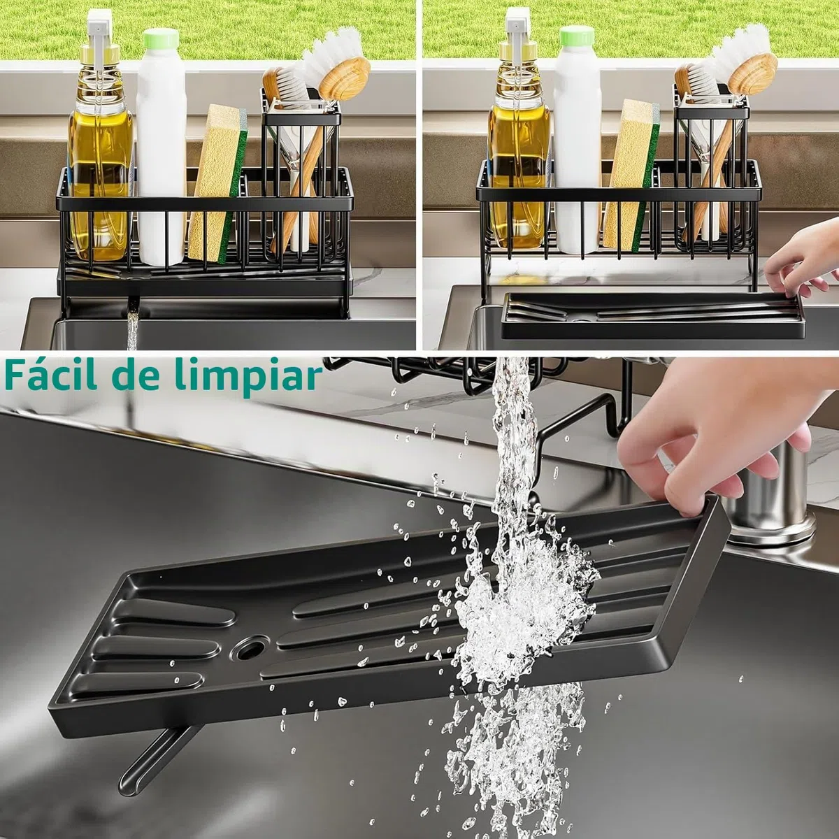 Organizador Bajo Fregadero Cocina, Soporte Esponja Cocina con Toallero, Estropajo Fregadero con Bandeja Drenaje, Porta Estropajos Almacenamiento Organizador, Negro
