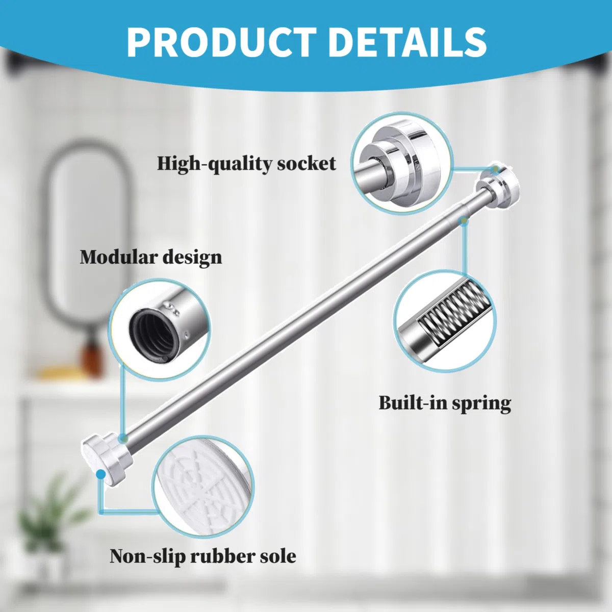 Barra Cortina Ducha Sin Taladrar, 65-206cm Barra Cortinas Extensible de Acero Inoxidable Antióxido y Antideslizante, Barras Ducha Extensible para Ventanas Baño Armario Cocina, Plateado